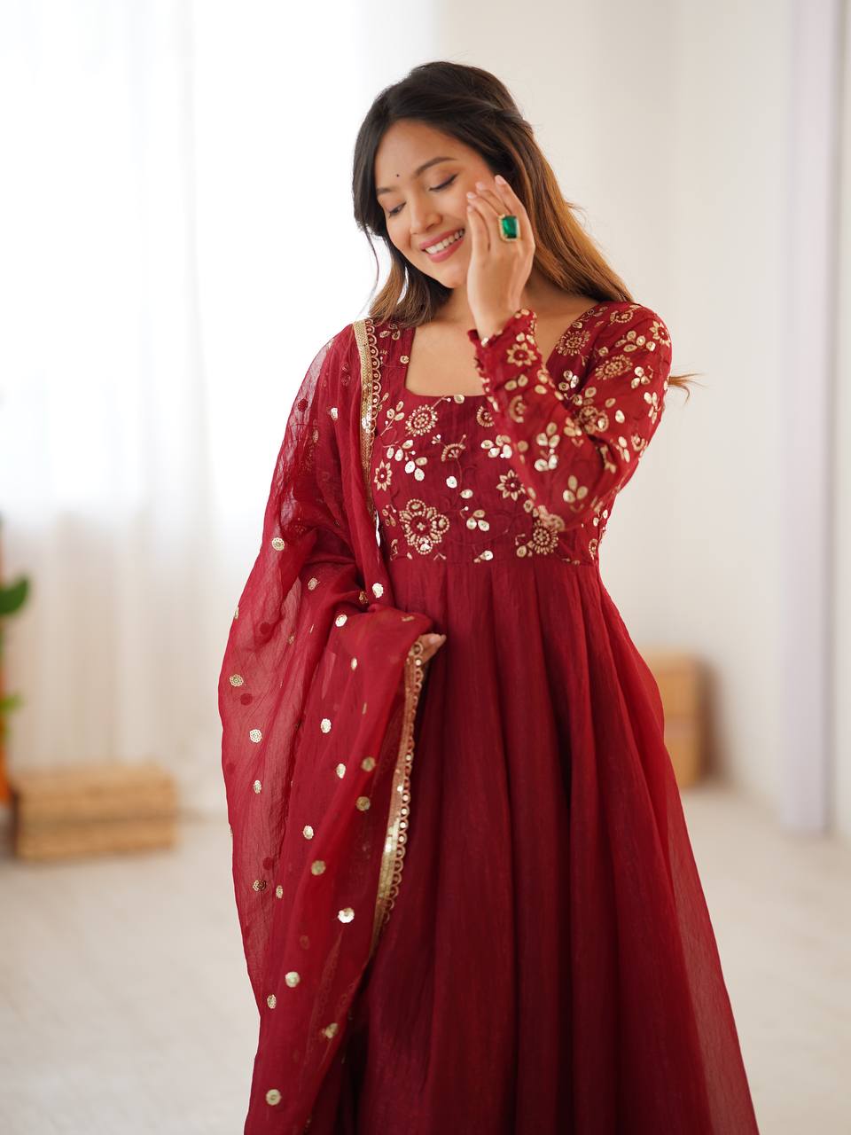 Maroon crunchy silk anarkali suit with embroidered sequins work