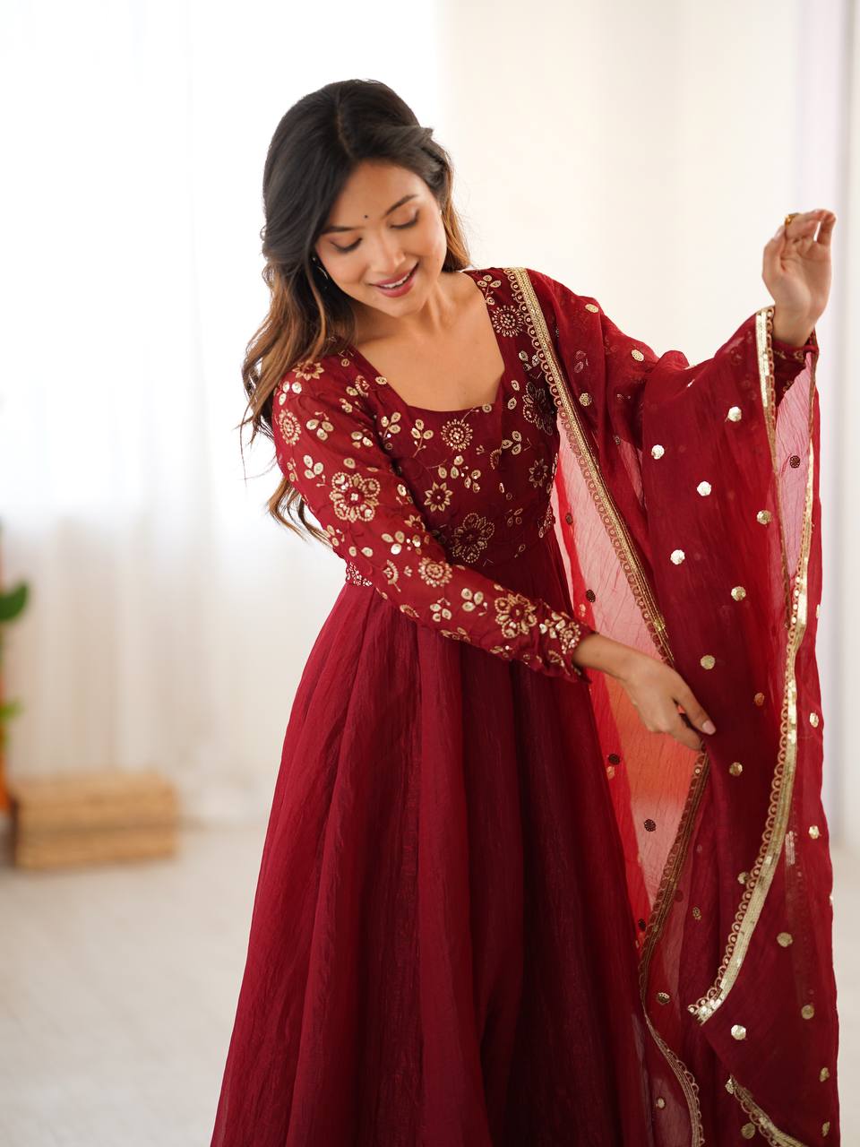 Maroon crunchy silk anarkali suit with embroidered sequins work