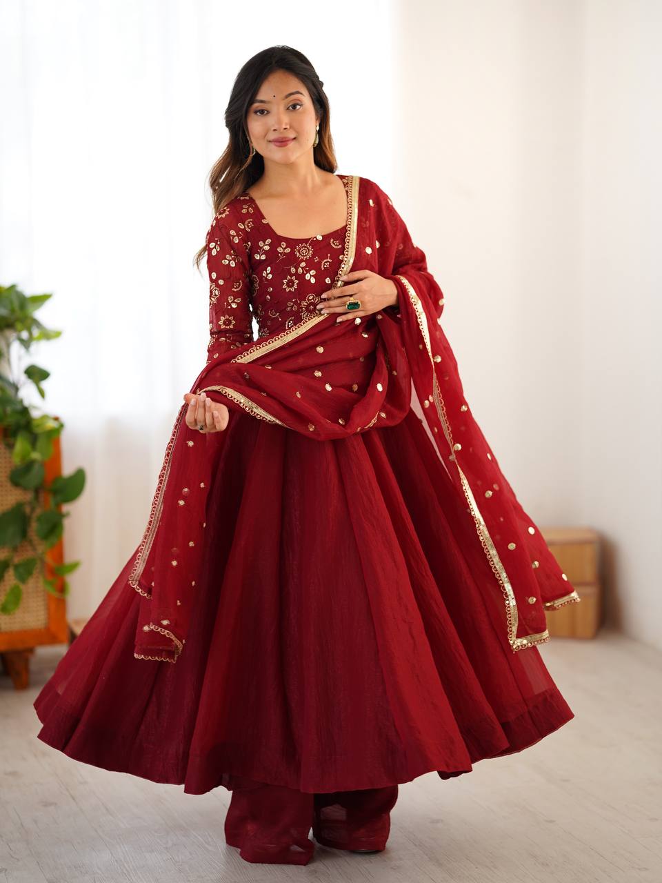 Maroon crunchy silk anarkali suit with embroidered sequins work