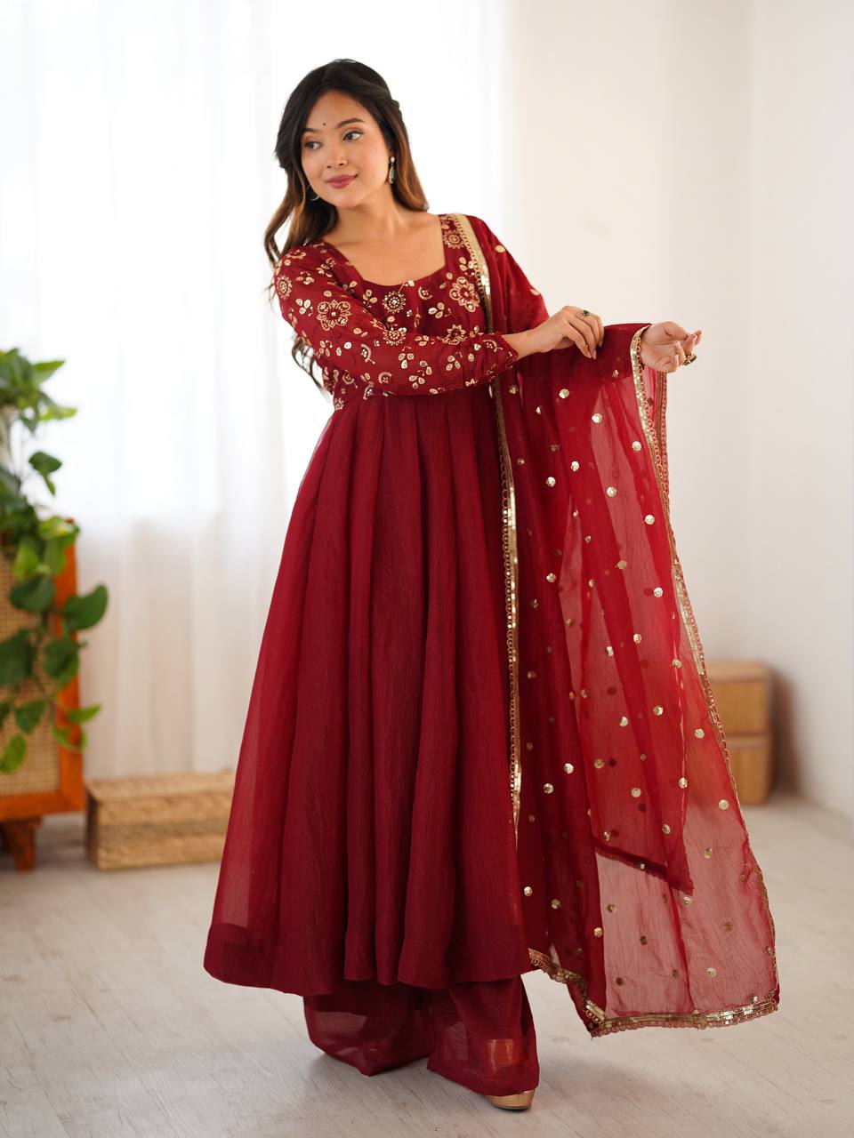 Maroon crunchy silk anarkali suit with embroidered sequins work