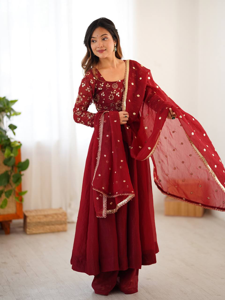 Maroon crunchy silk anarkali suit with embroidered sequins work