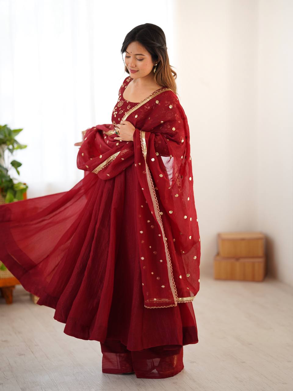 Maroon crunchy silk anarkali suit with embroidered sequins work