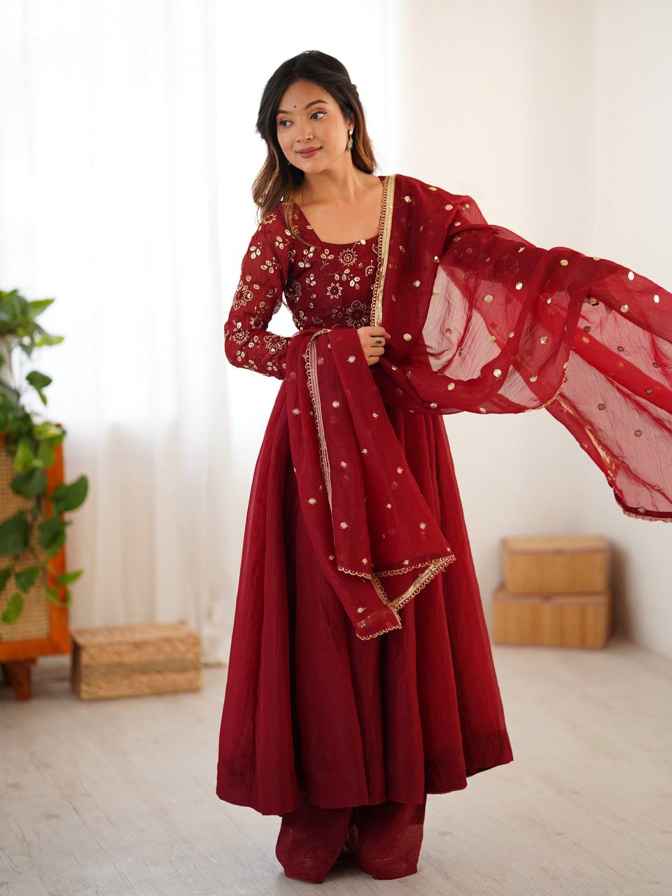 Maroon crunchy silk anarkali suit with embroidered sequins work