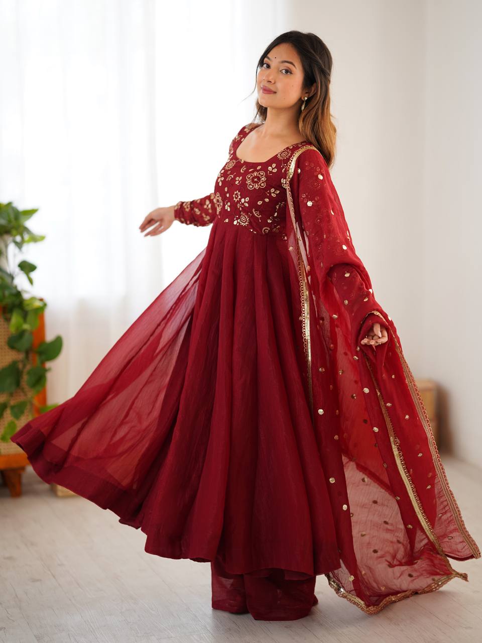 Maroon crunchy silk anarkali suit with embroidered sequins work
