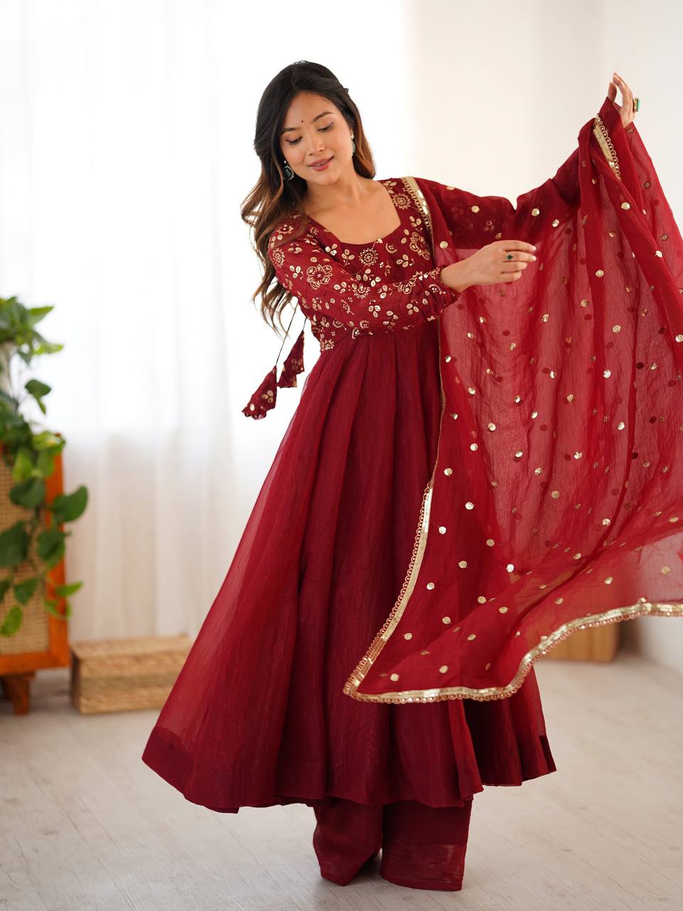 Maroon crunchy silk anarkali suit with embroidered sequins work