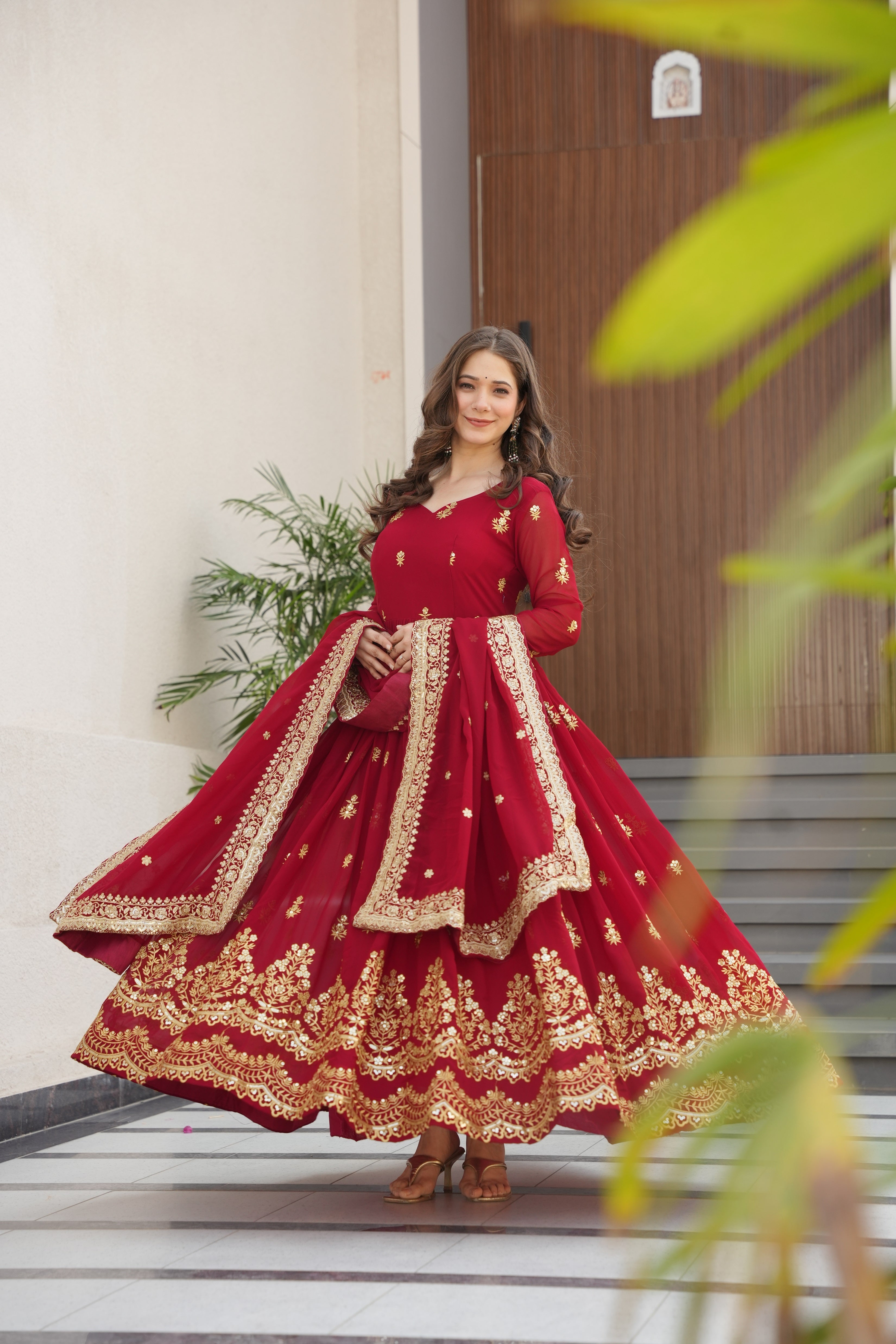 Rishita maroon faux blooming zari sequins embroidered gown with dupatta