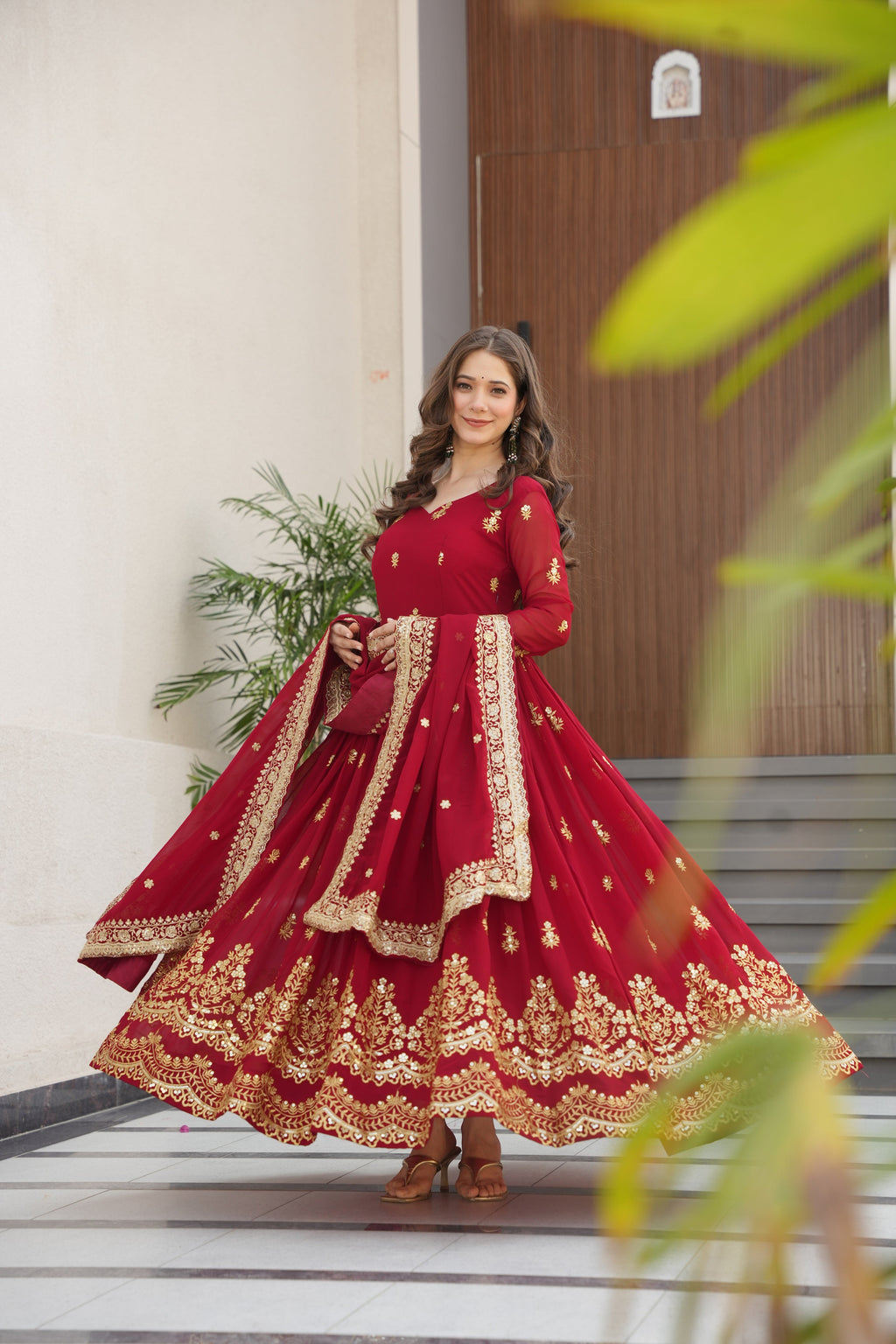 Rishita maroon faux blooming zari sequins embroidered gown with dupatta