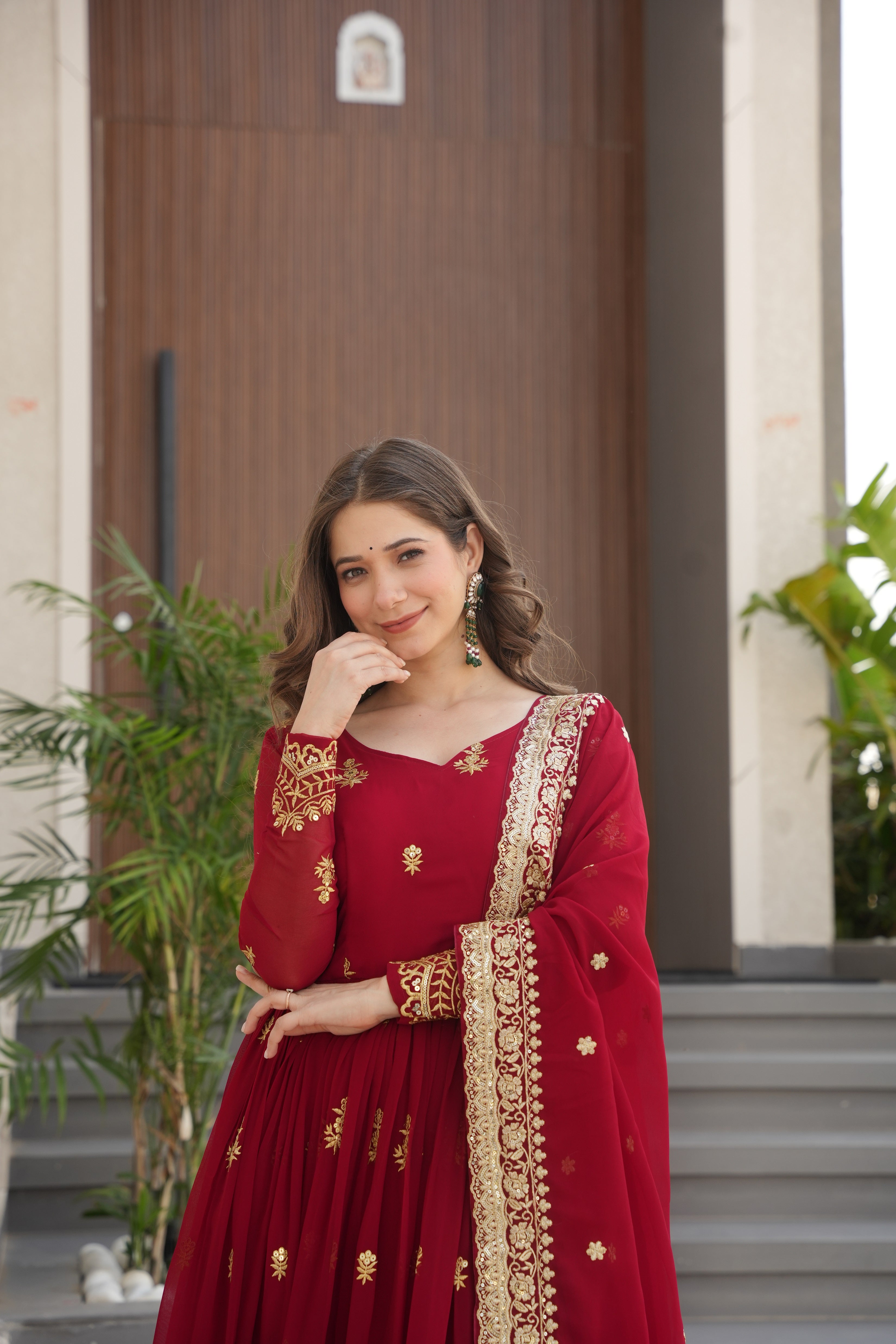 Rishita maroon faux blooming zari sequins embroidered gown with dupatta