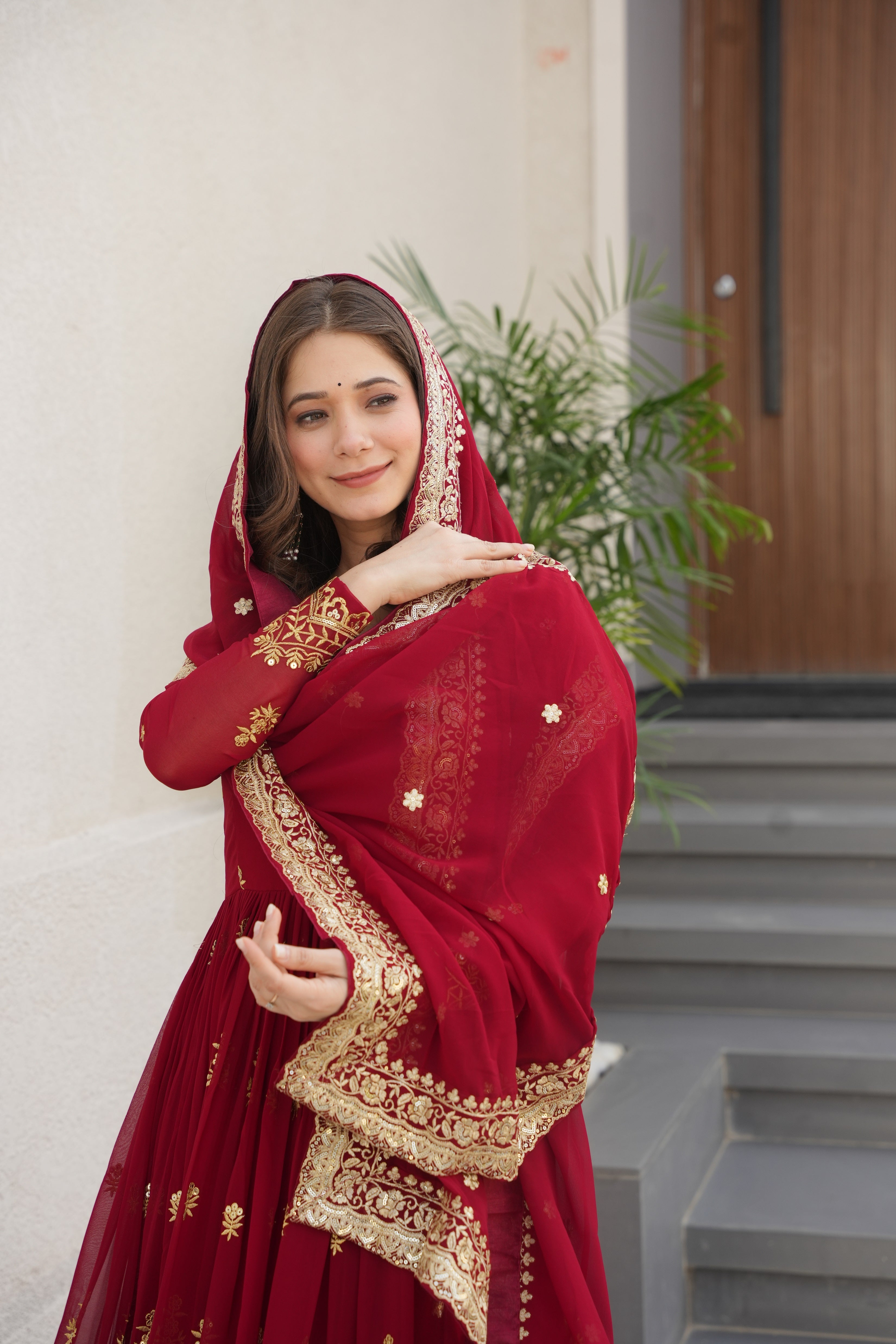 Rishita maroon faux blooming zari sequins embroidered gown with dupatta