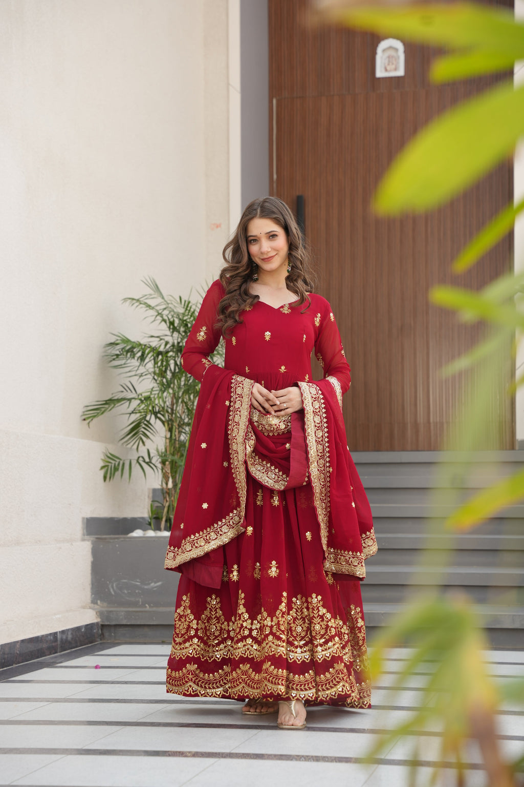 Rishita maroon faux blooming zari sequins embroidered gown with dupatta