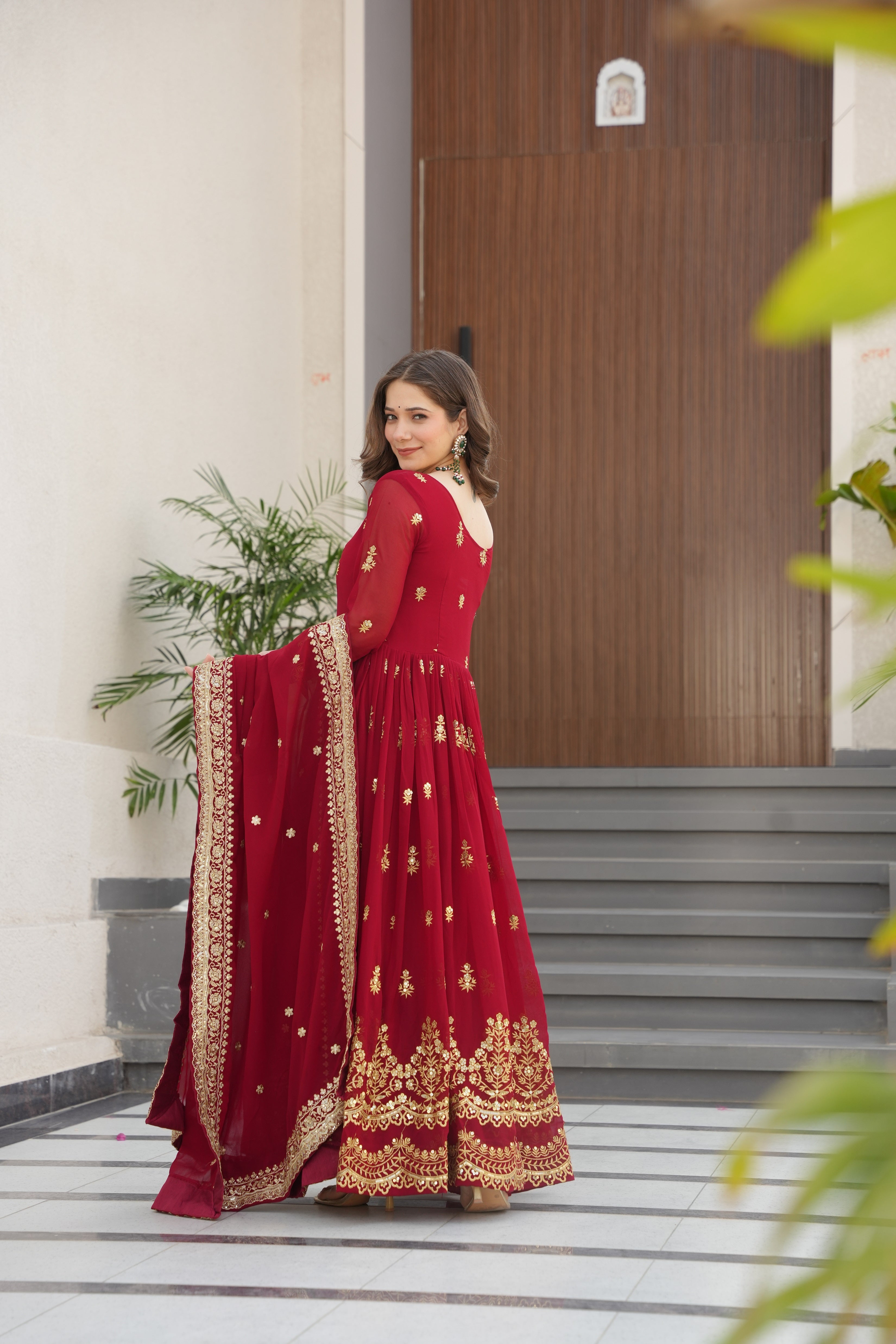 Rishita maroon faux blooming zari sequins embroidered gown with dupatta