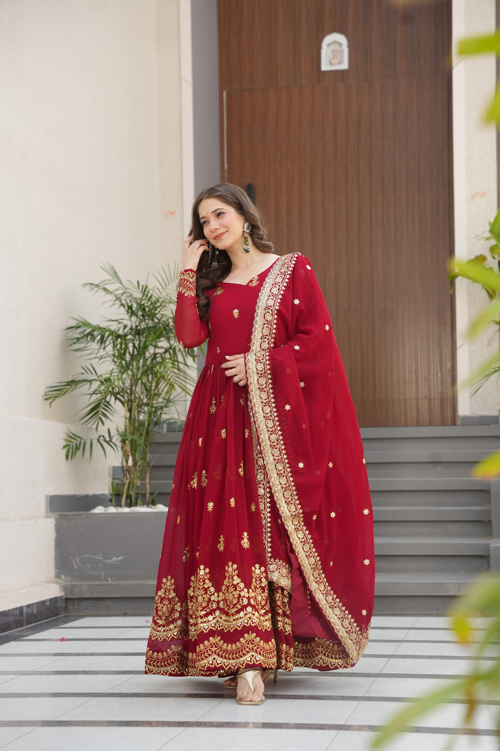 Rishita maroon faux blooming zari sequins embroidered gown with dupatta