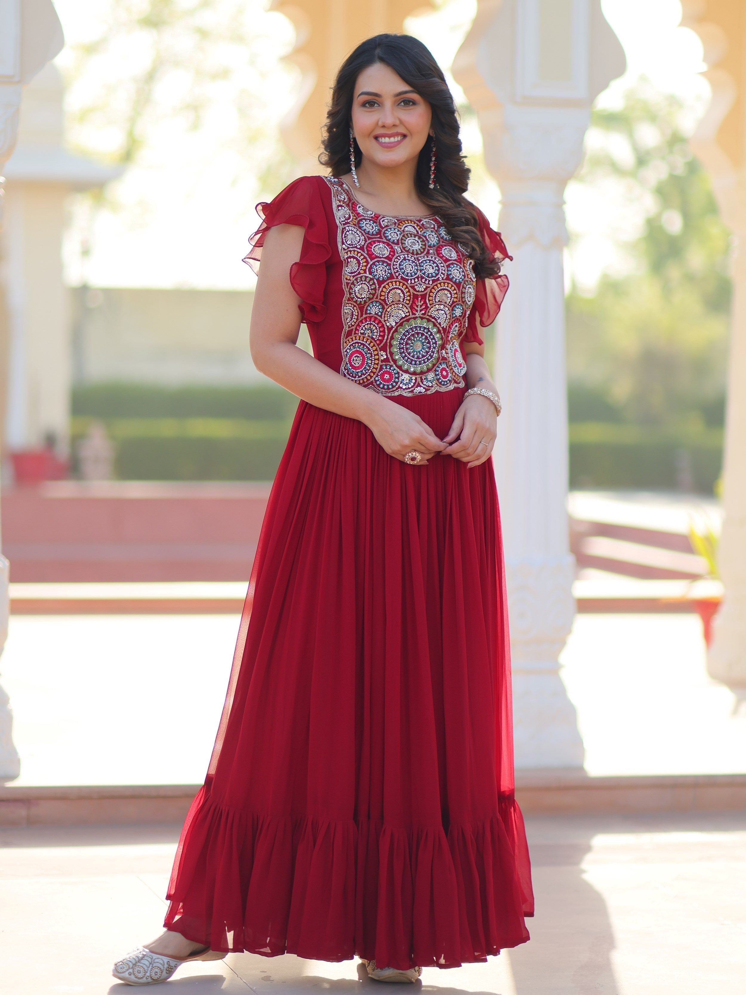 Maroon georgette gown with multithread beads and sequins embroidery