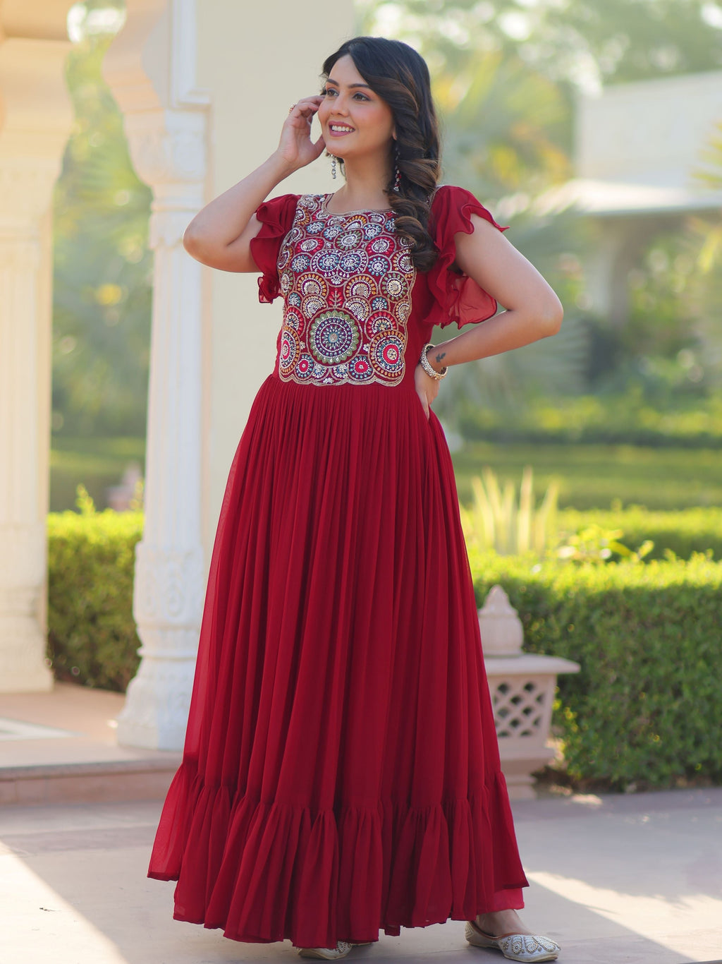 Maroon georgette gown with multithread beads and sequins embroidery