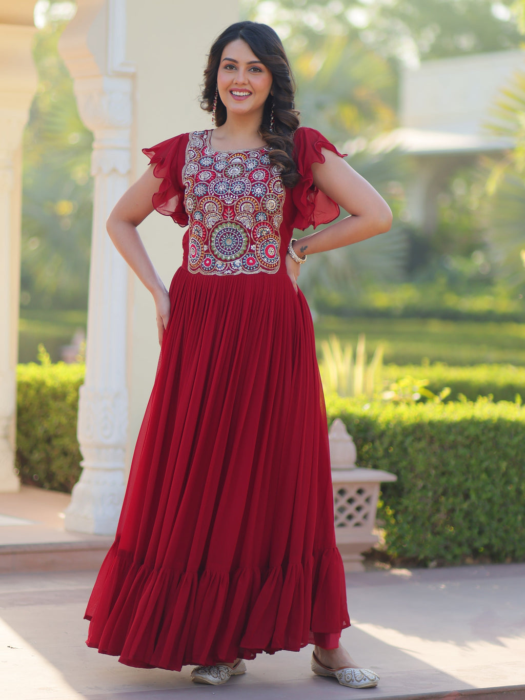 Maroon georgette gown with multithread beads and sequins embroidery