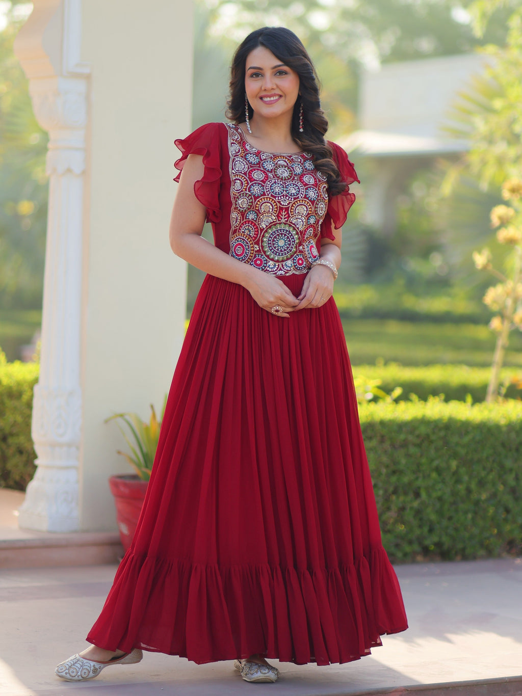 Maroon georgette gown with multithread beads and sequins embroidery