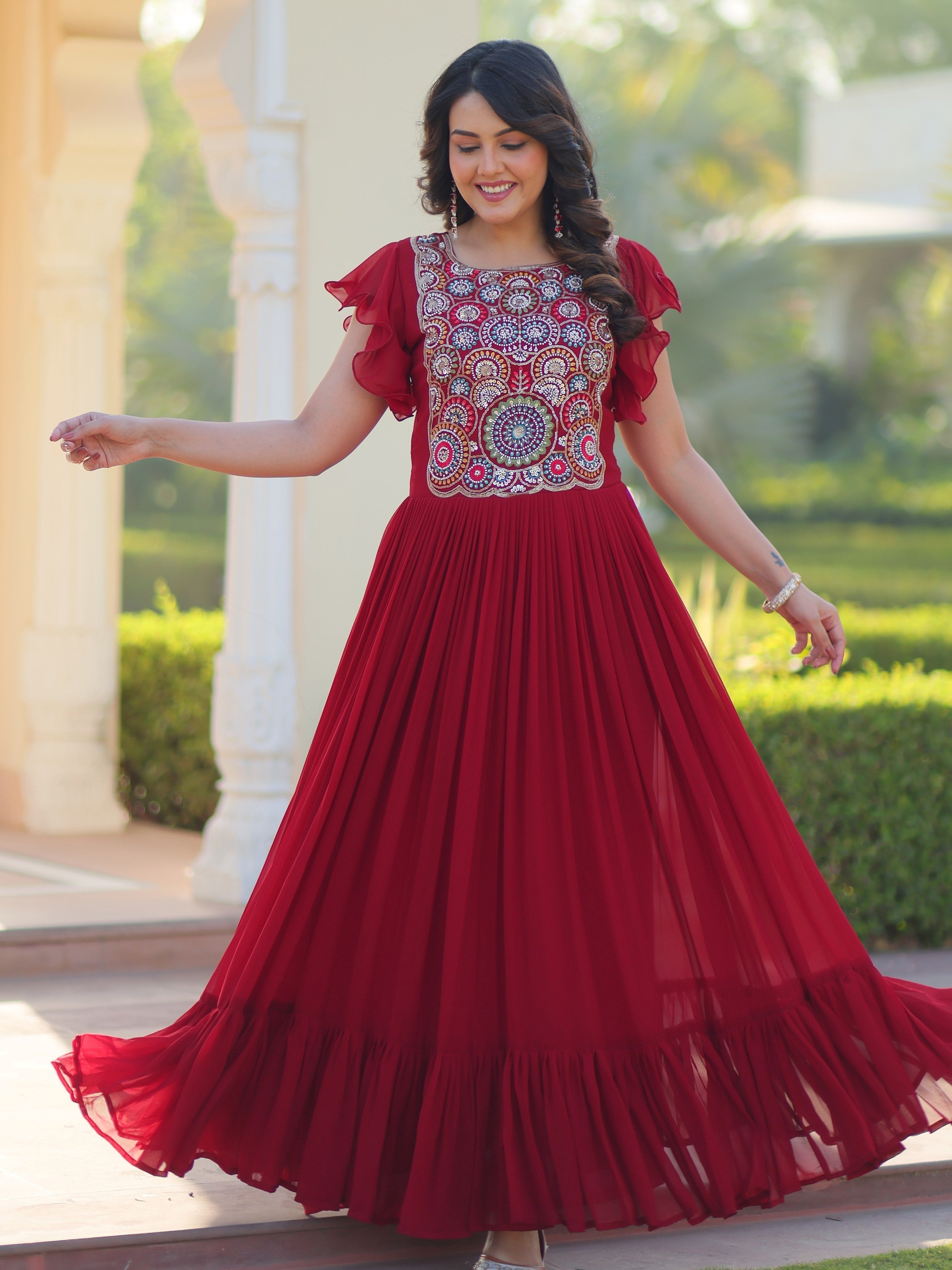 Maroon georgette gown with multithread beads and sequins embroidery