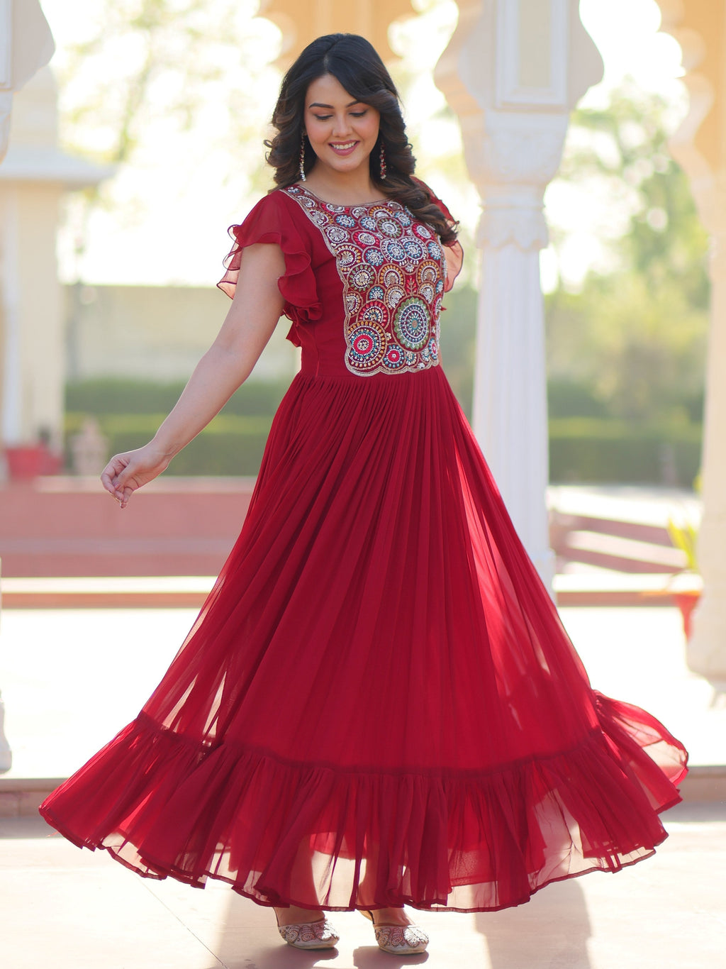 Maroon georgette gown with multithread beads and sequins embroidery