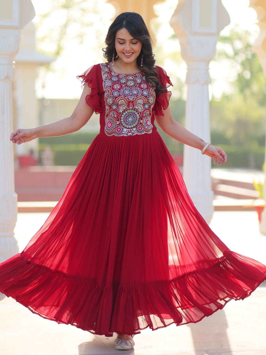 Maroon georgette gown with multithread beads and sequins embroidery