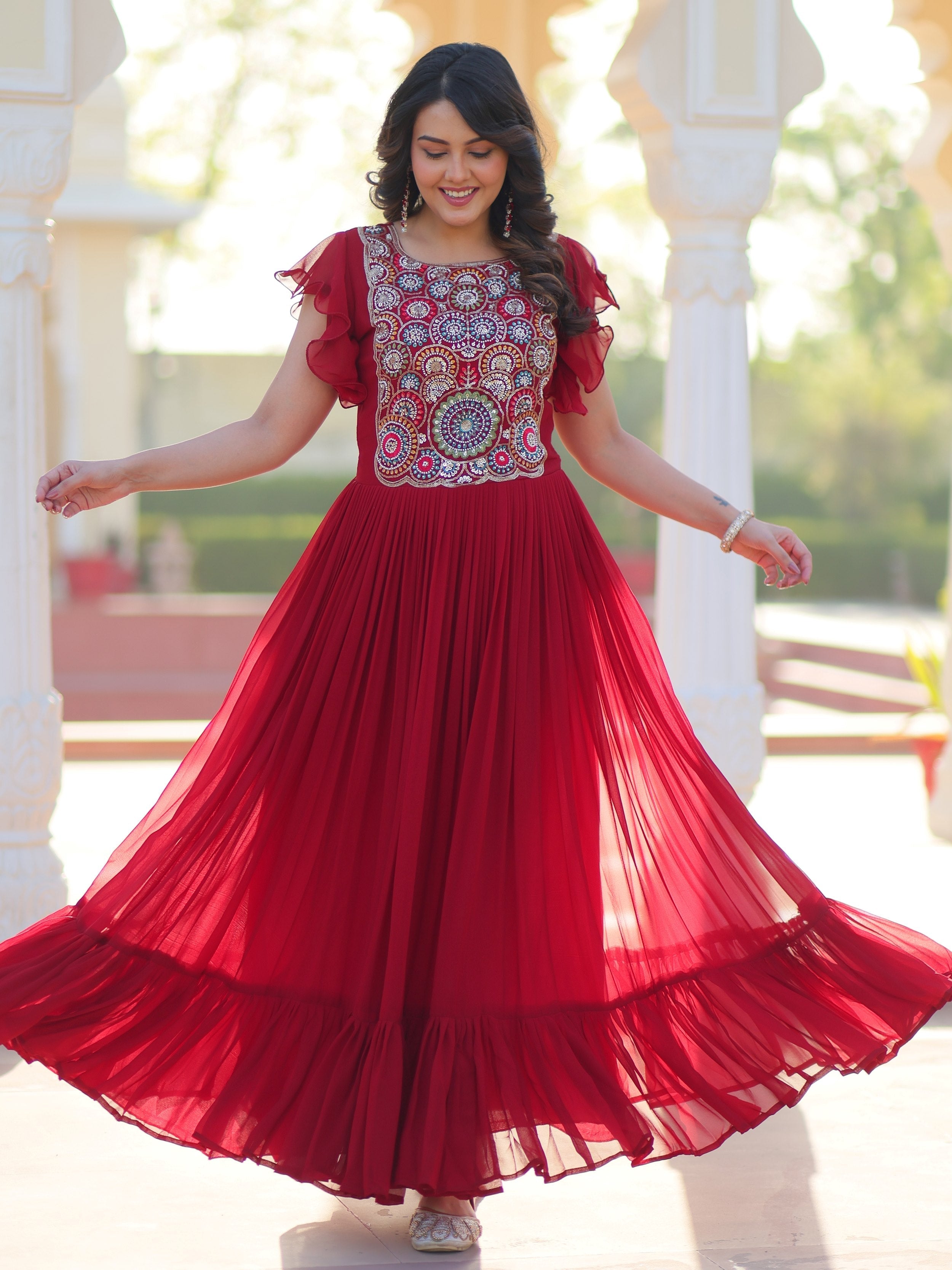 Maroon georgette gown with multithread beads and sequins embroidery