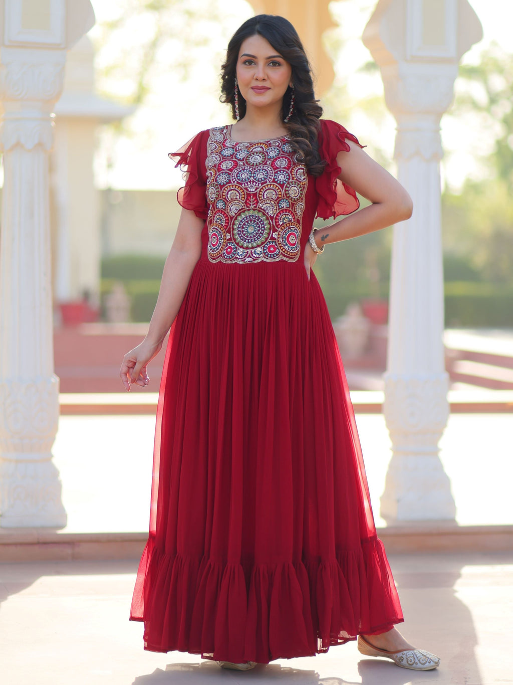 Maroon georgette gown with multithread beads and sequins embroidery