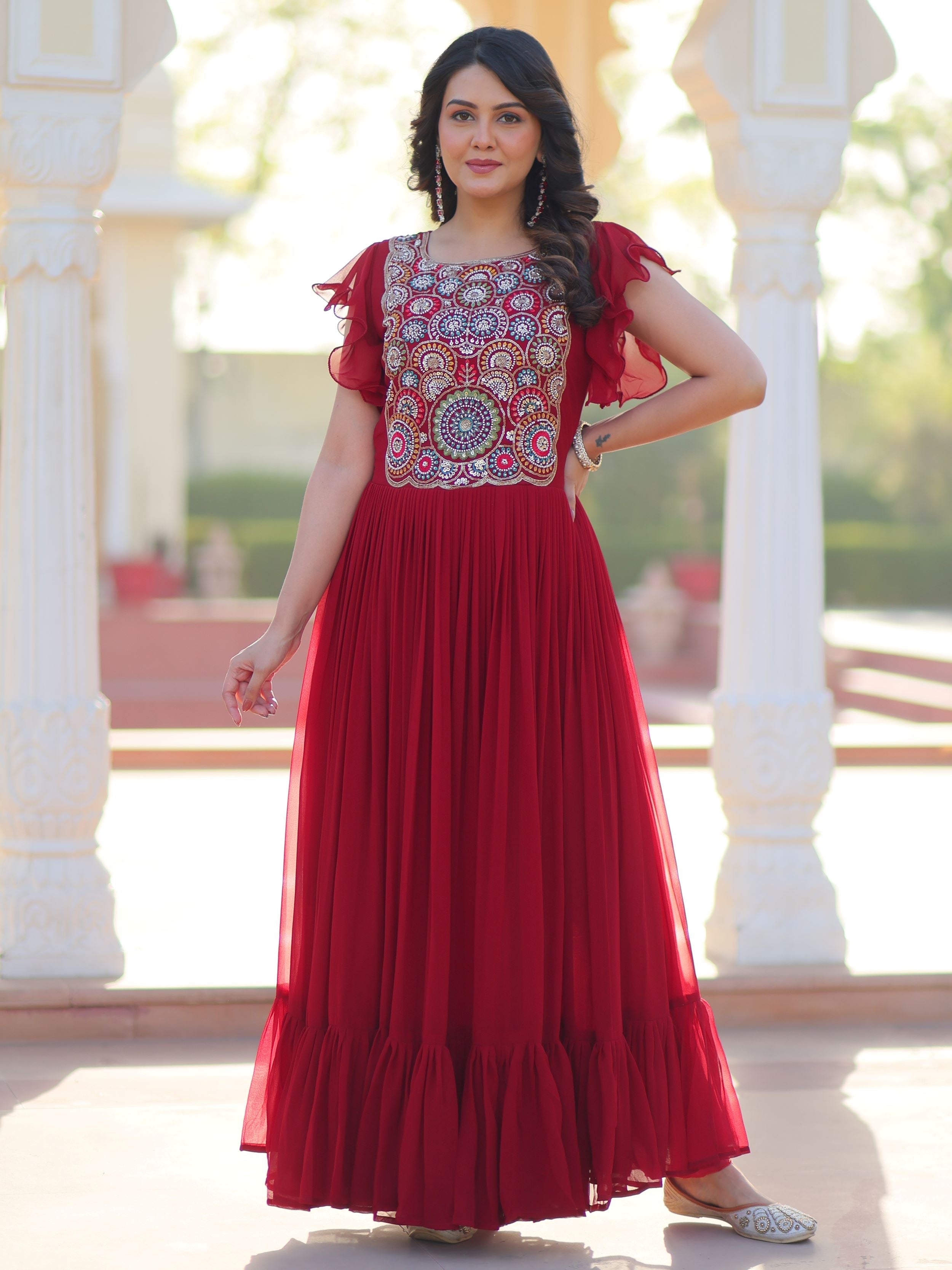 Maroon georgette gown with multithread beads and sequins embroidery