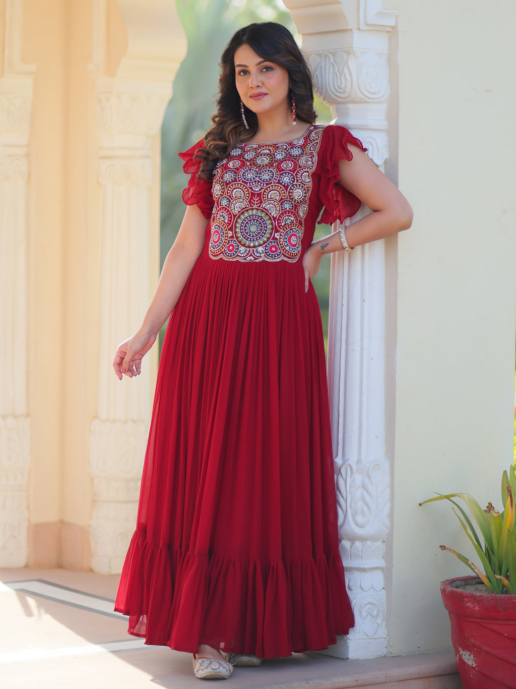 Maroon georgette gown with multithread beads and sequins embroidery