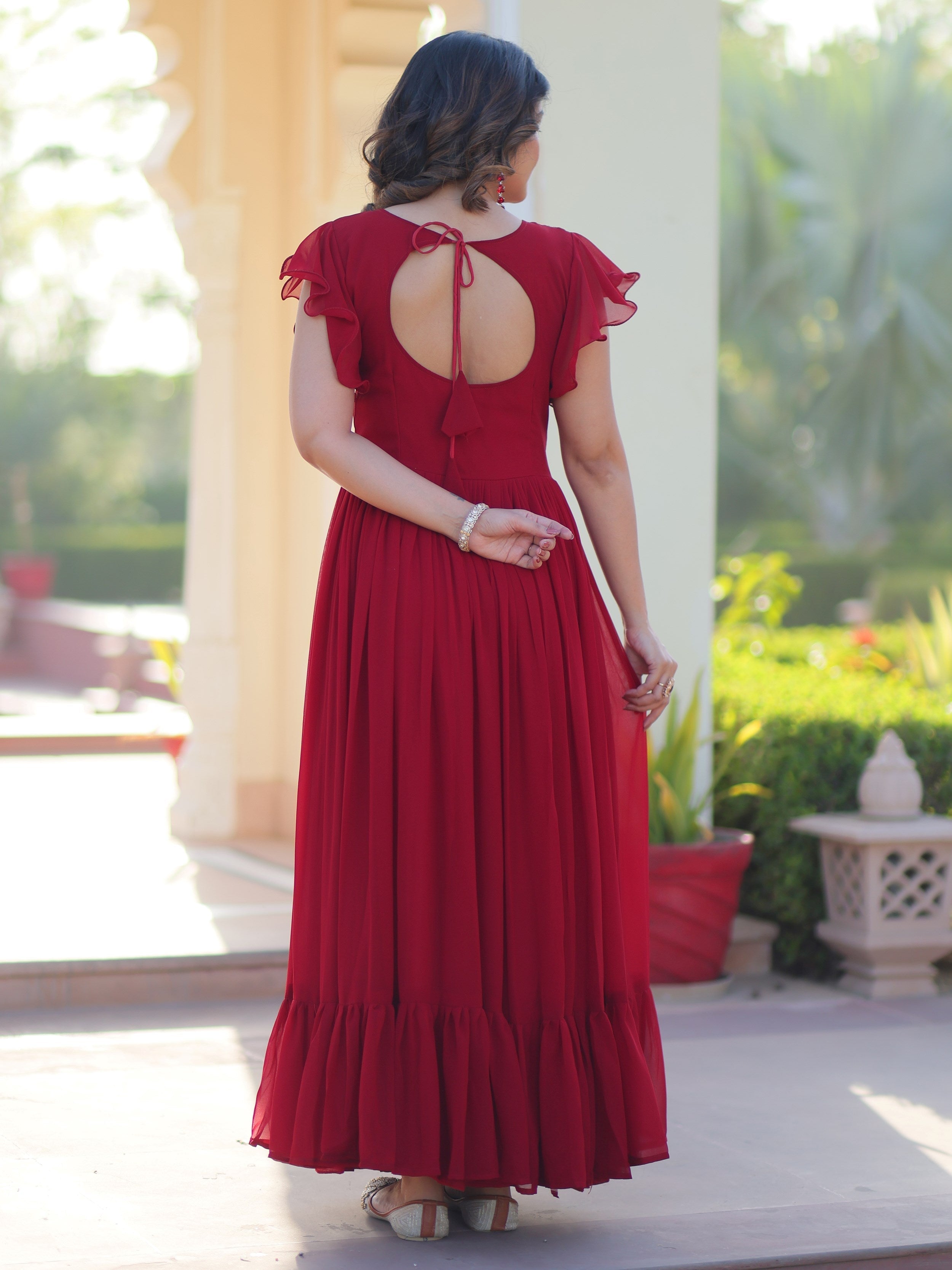 Maroon georgette gown with multithread beads and sequins embroidery