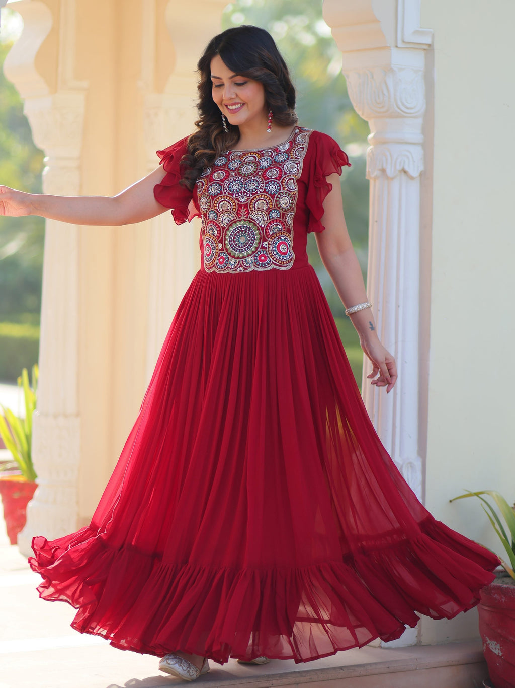 Maroon georgette gown with multithread beads and sequins embroidery