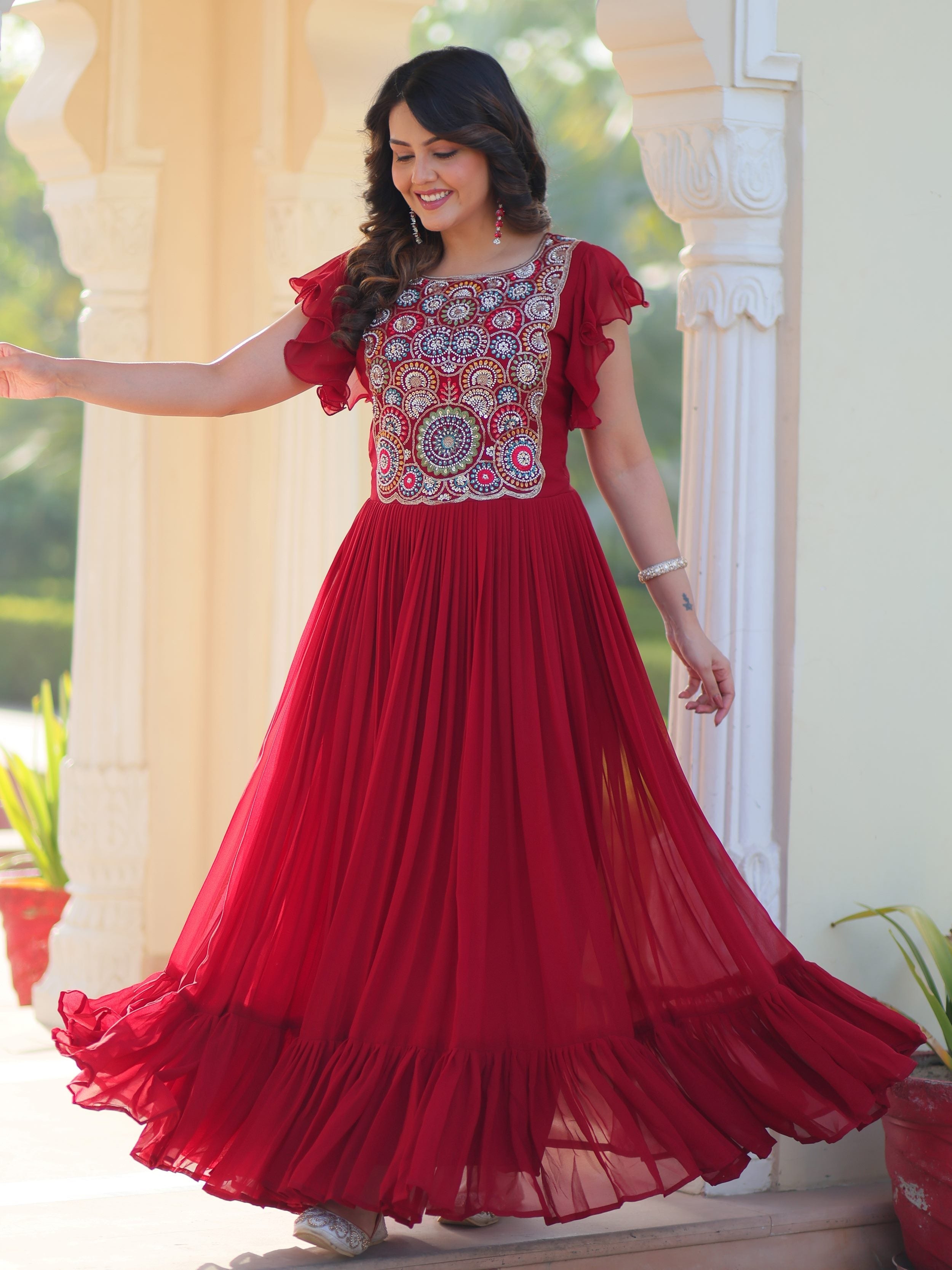 Maroon georgette gown with multithread beads and sequins embroidery
