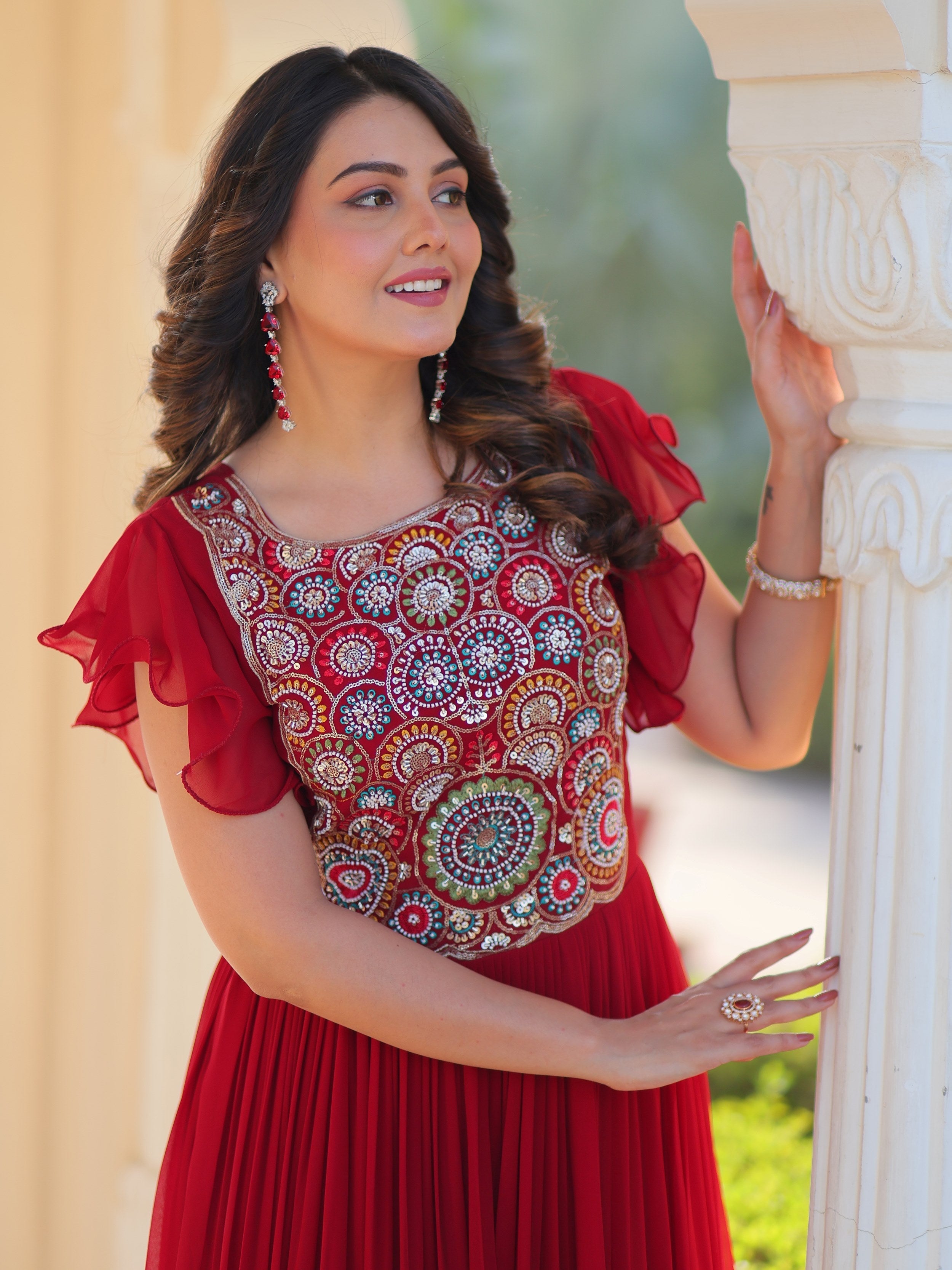 Maroon georgette gown with multithread beads and sequins embroidery