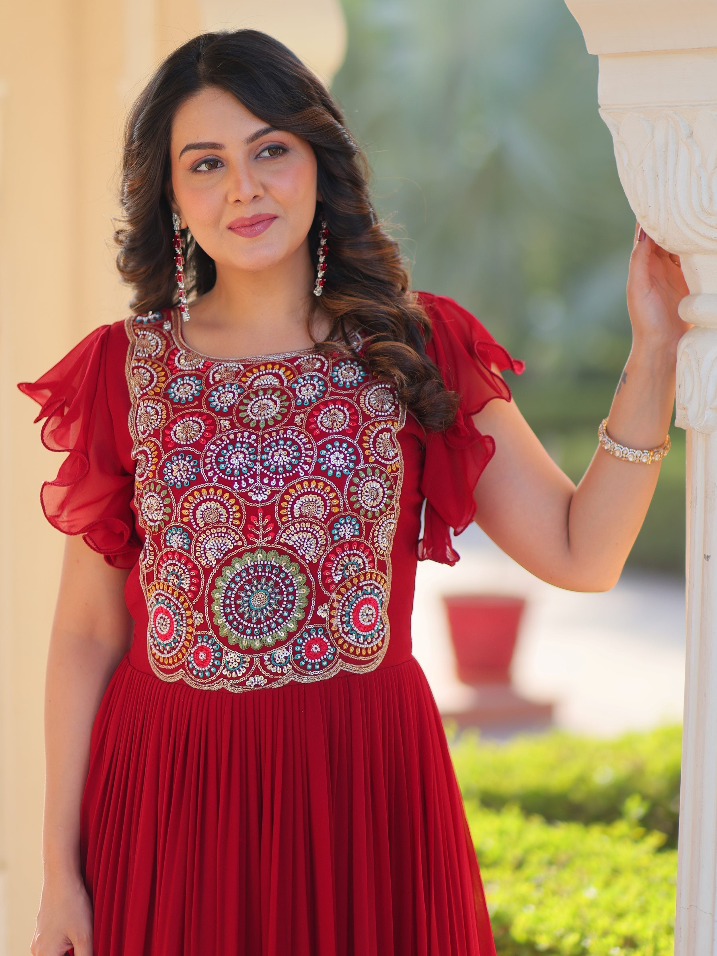 Maroon georgette gown with multithread beads and sequins embroidery
