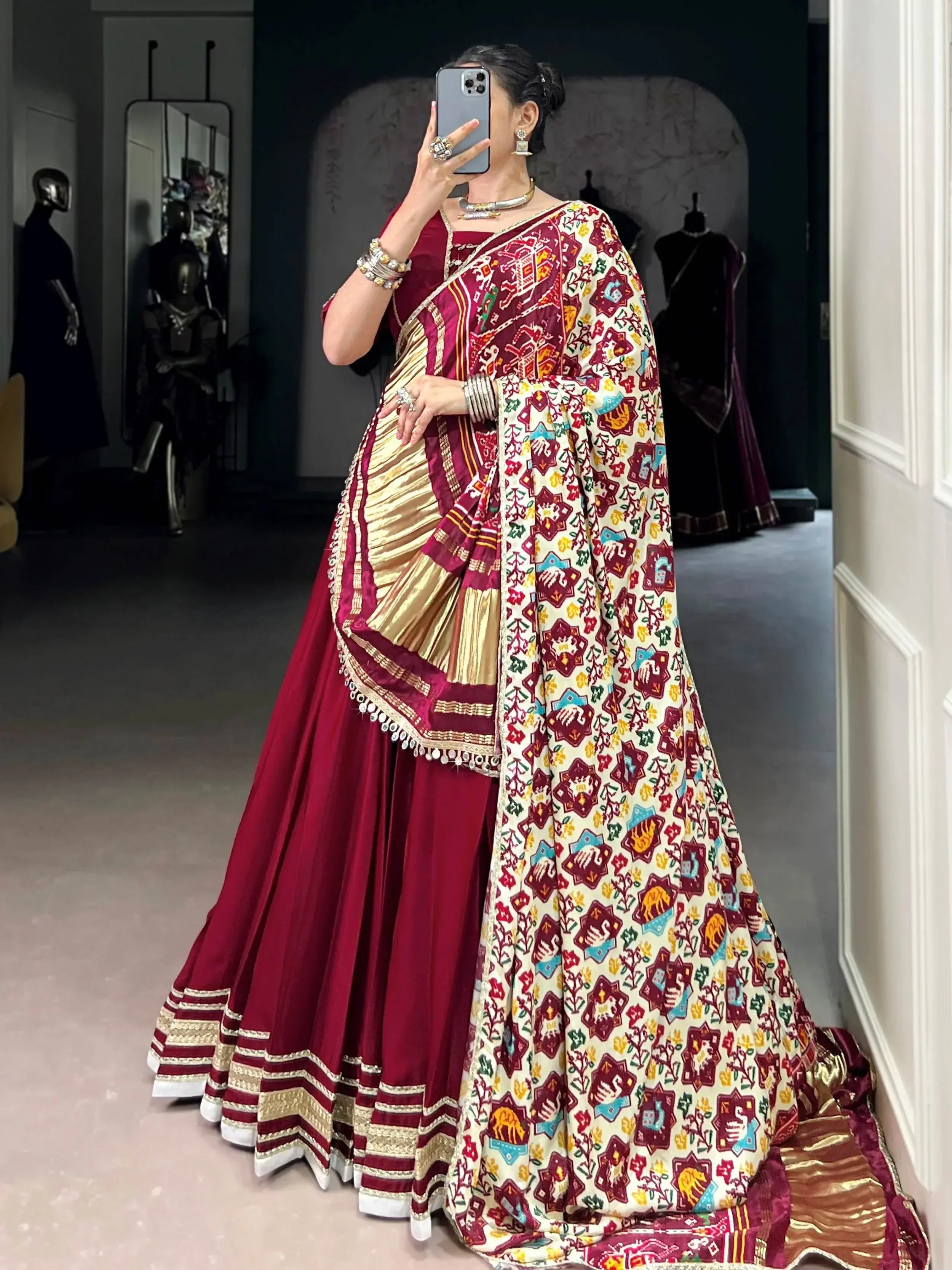 Maroon georgette silk lace work lehenga choli with dupatta