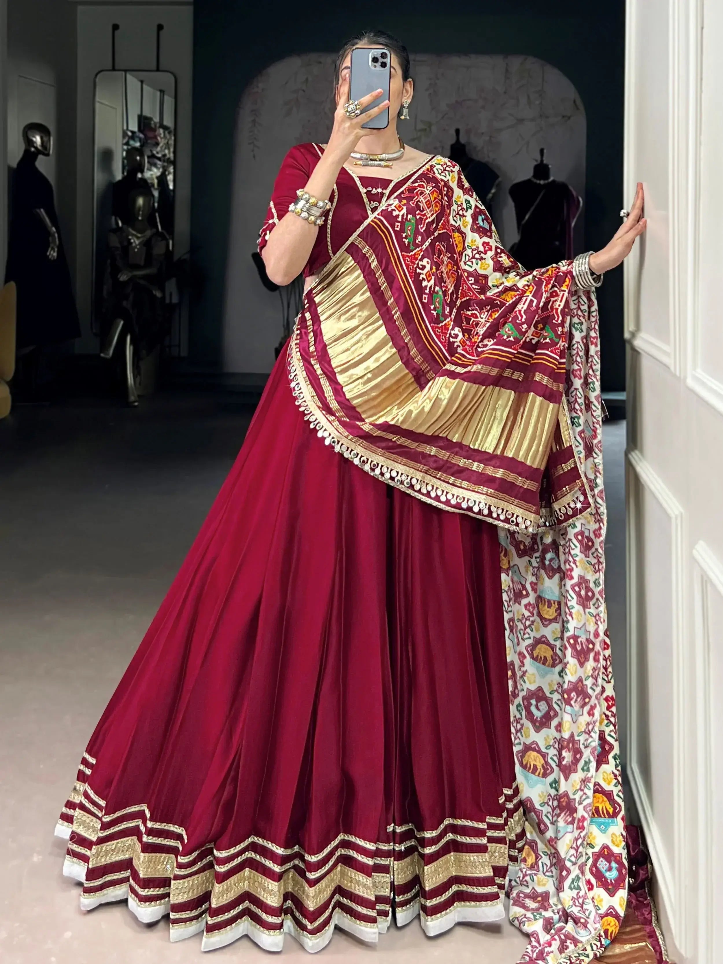 Maroon georgette silk lace work lehenga choli with dupatta