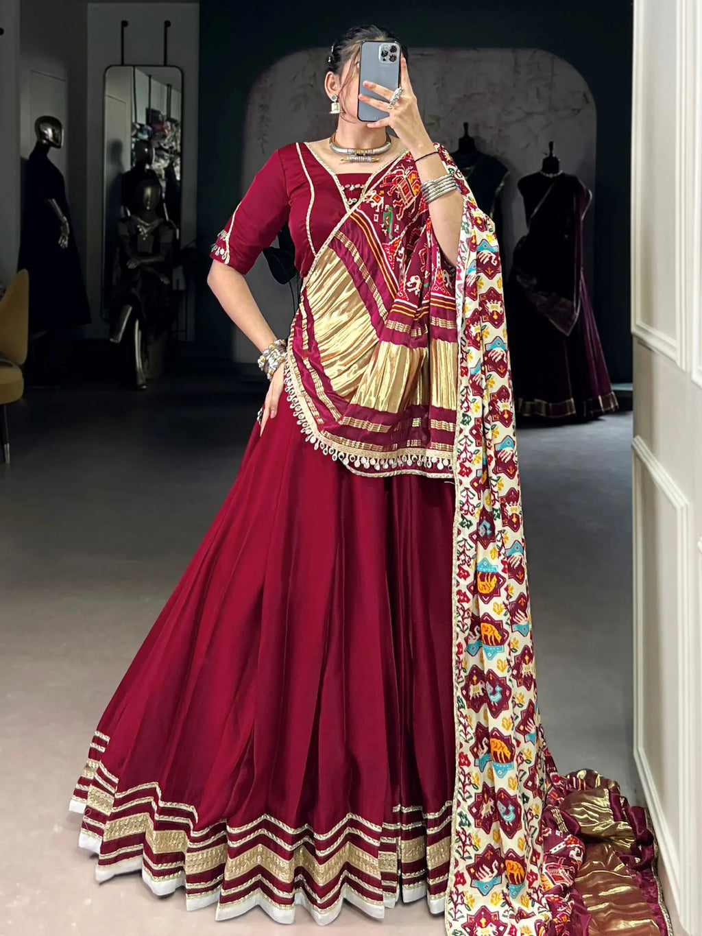 Maroon georgette silk lace work lehenga choli with dupatta