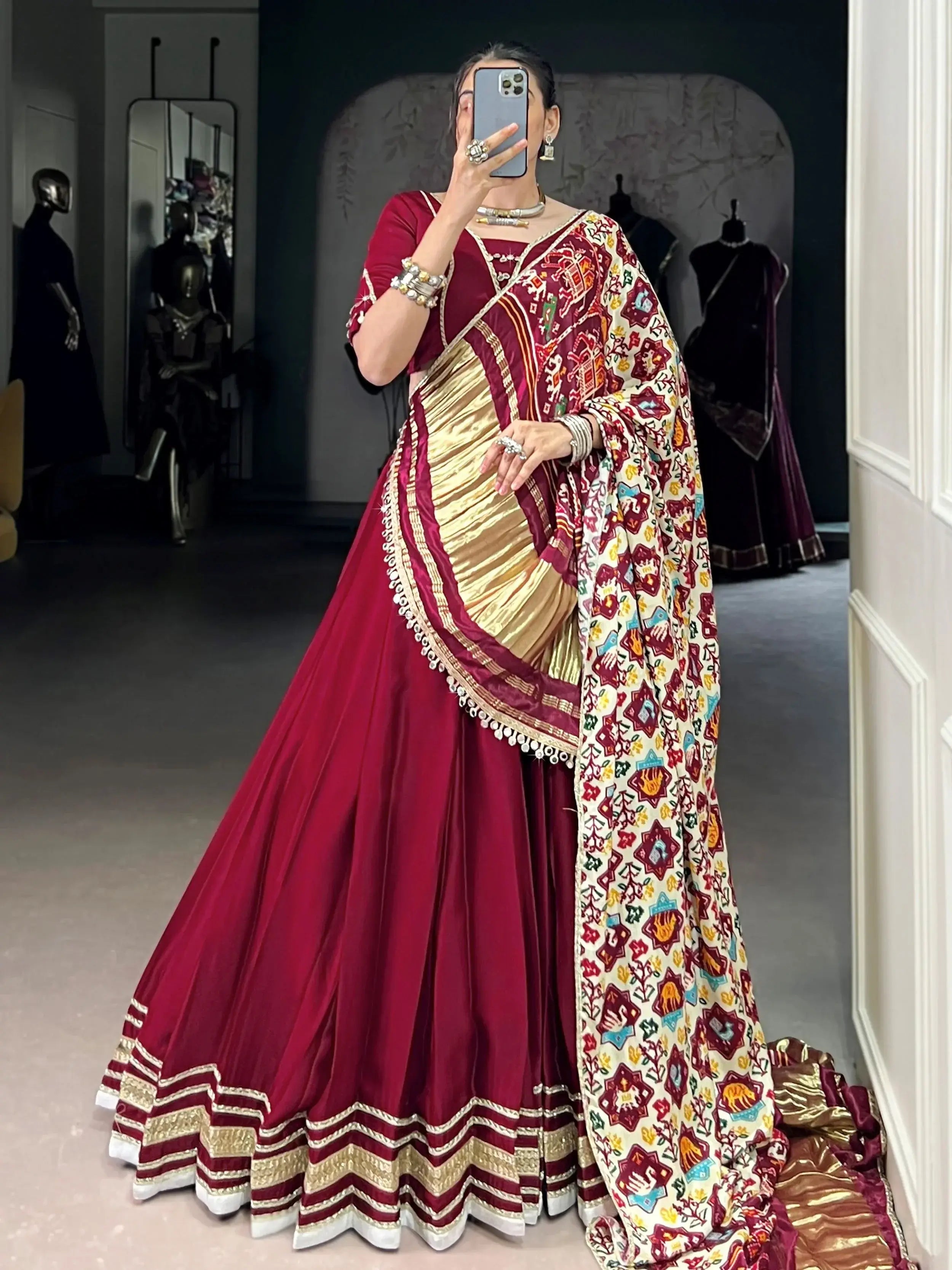 Maroon georgette silk lace work lehenga choli with dupatta
