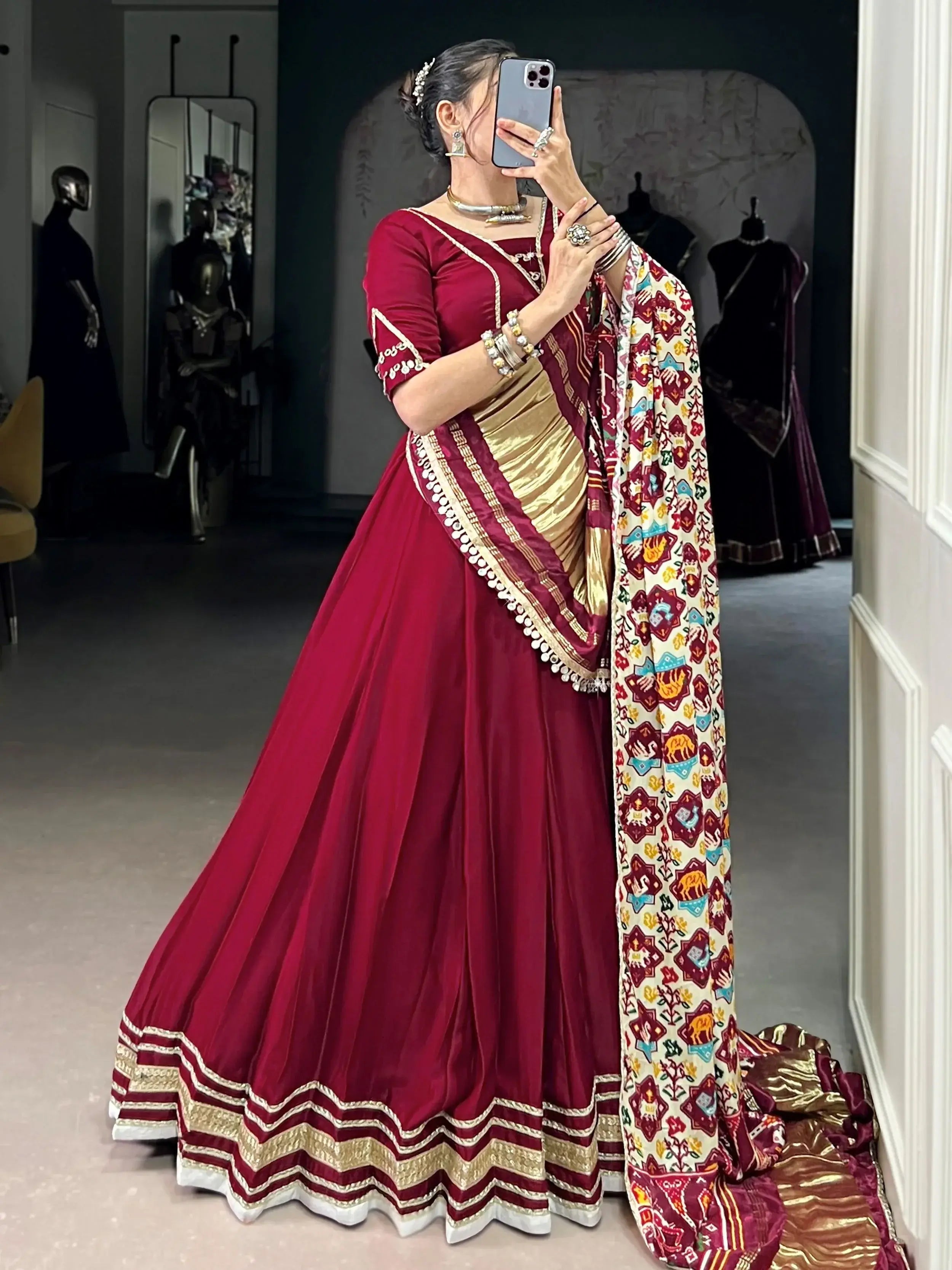 Maroon georgette silk lace work lehenga choli with dupatta