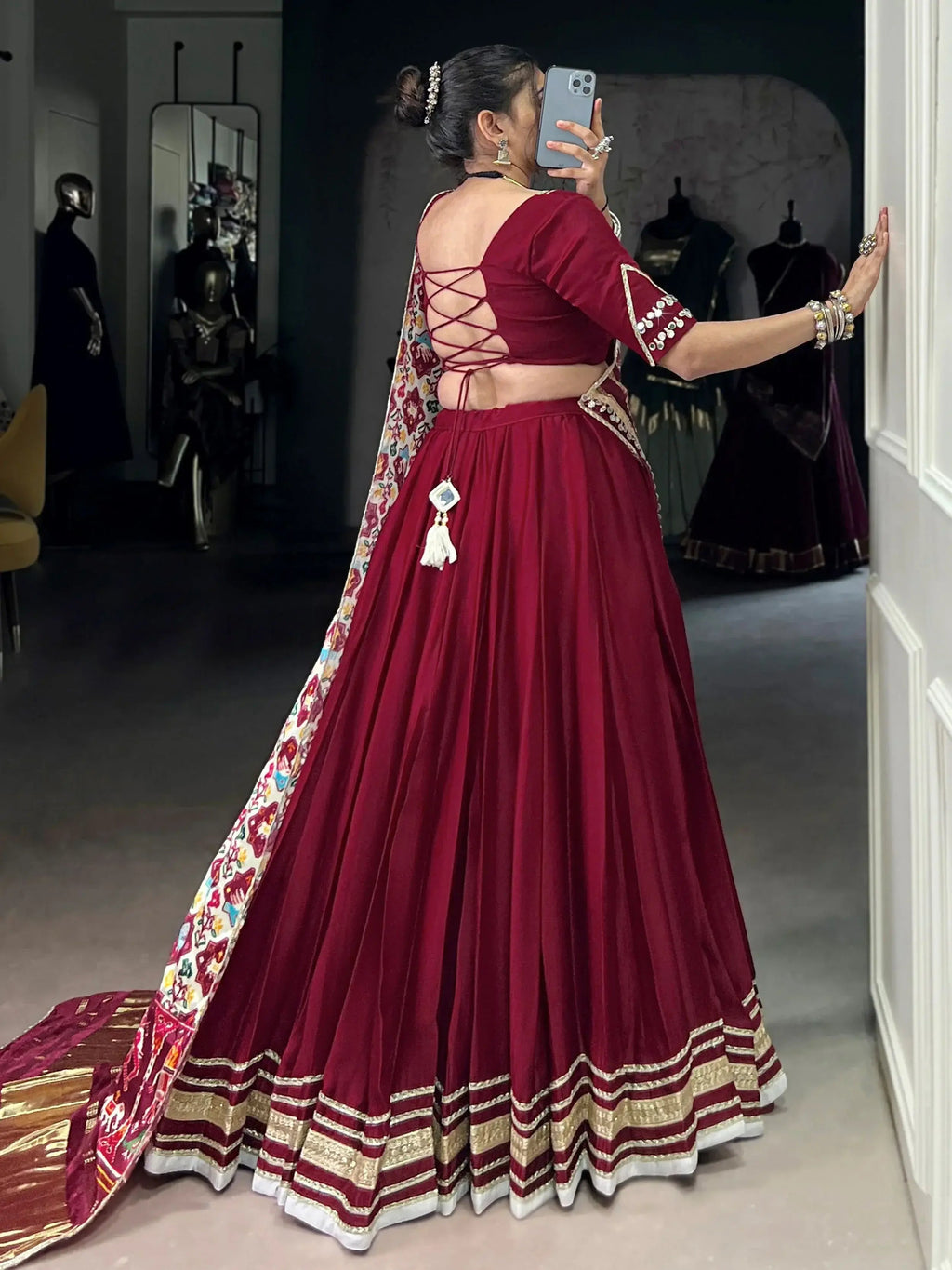Maroon georgette silk lace work lehenga choli with dupatta