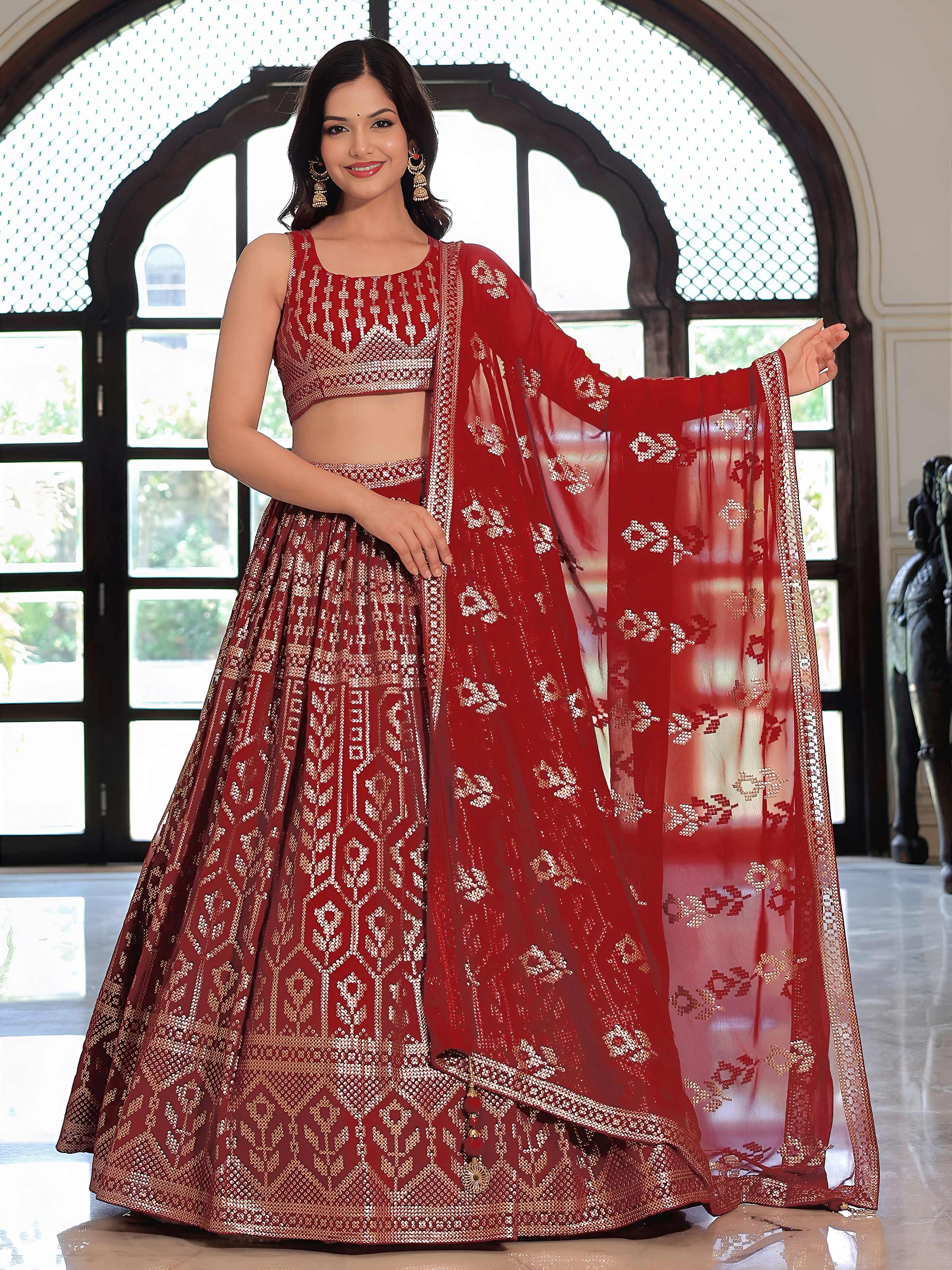 Maroon georgette thread and sequins embroidery lehenga choli