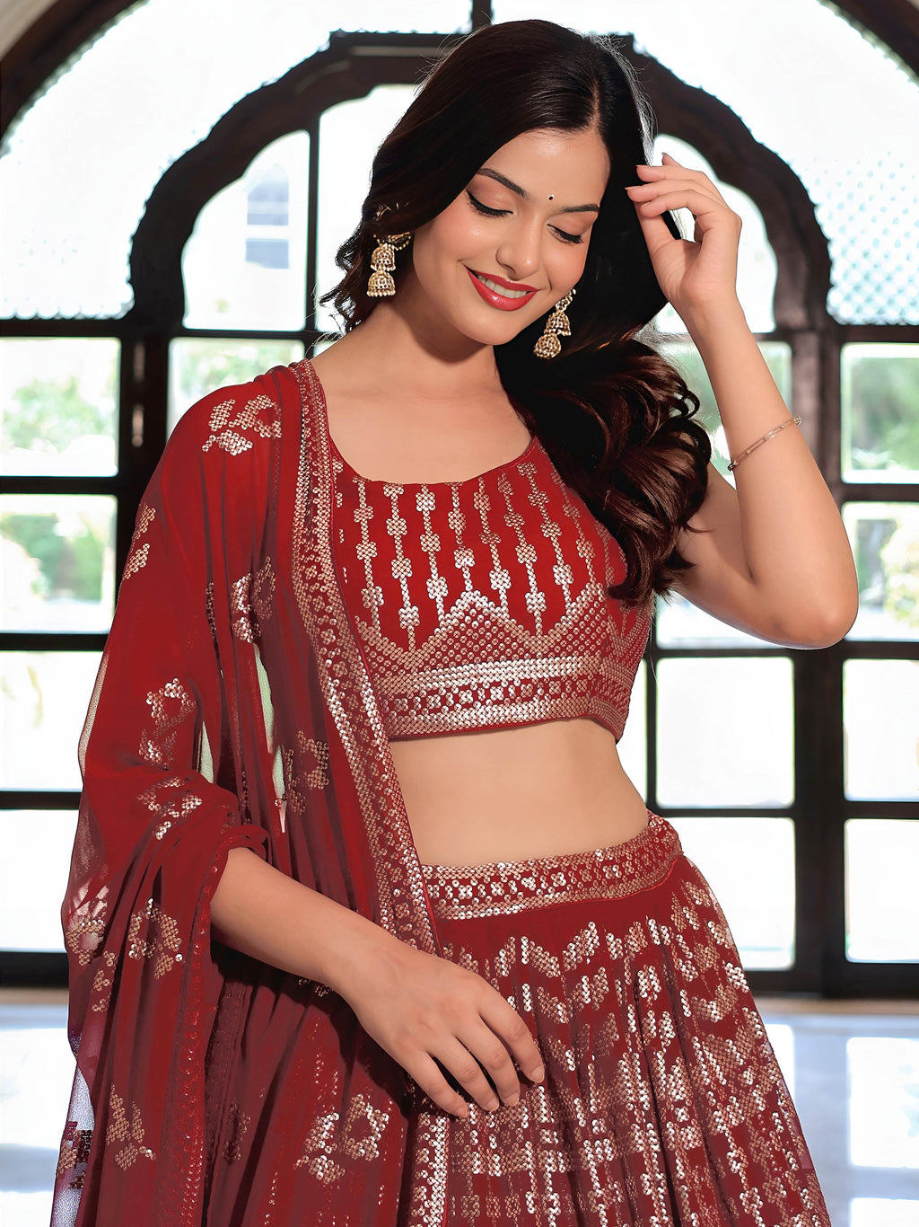 Maroon georgette thread and sequins embroidery lehenga choli