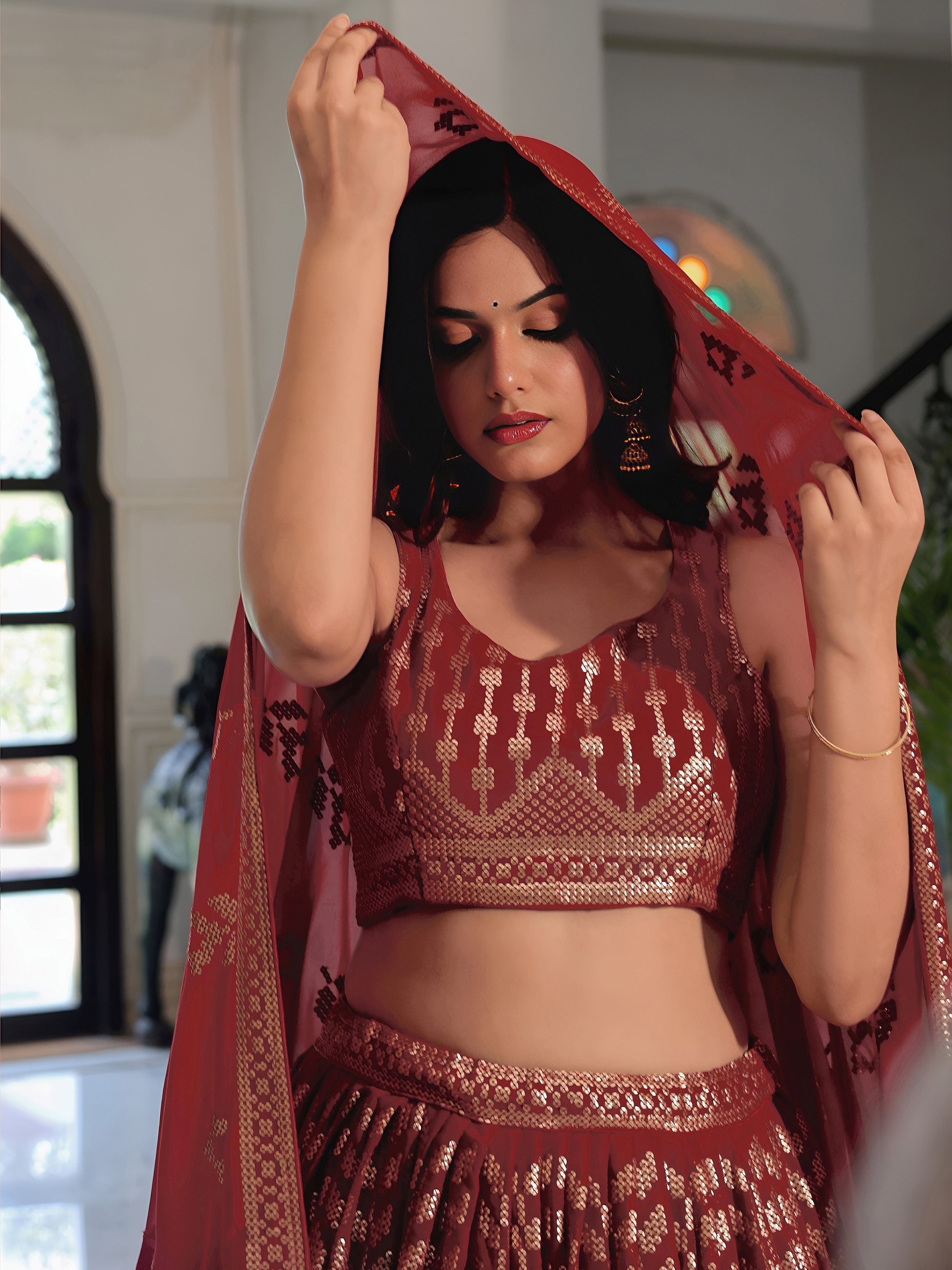 Maroon georgette thread and sequins embroidery lehenga choli