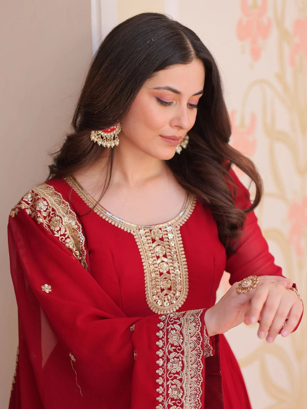 Maroon georgette designer gown with zari and sequins embroidery and dupatta