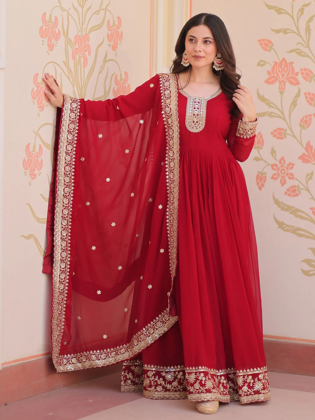 Maroon georgette designer gown with zari and sequins embroidery and dupatta