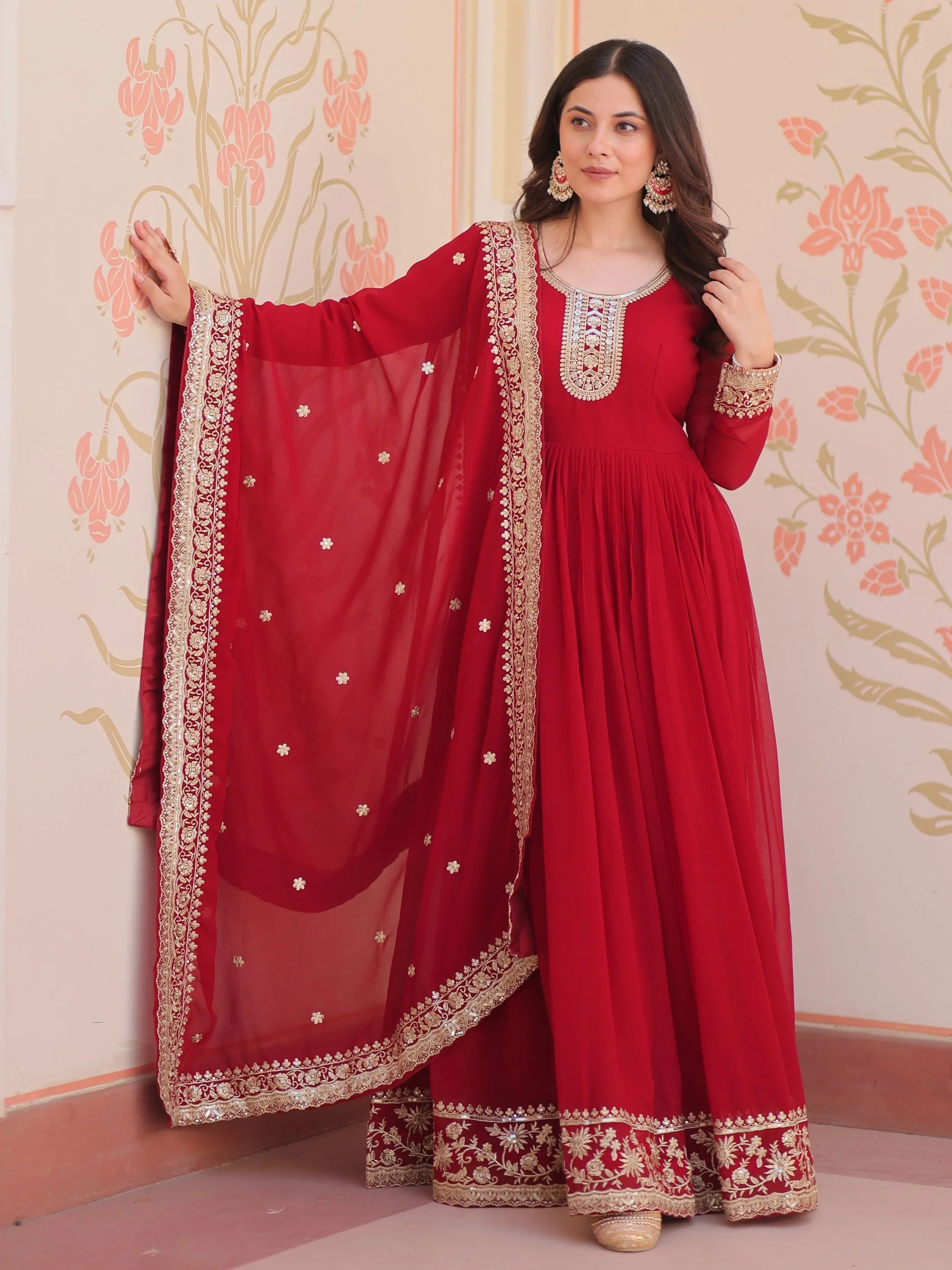 Maroon georgette designer gown with zari and sequins embroidery and dupatta