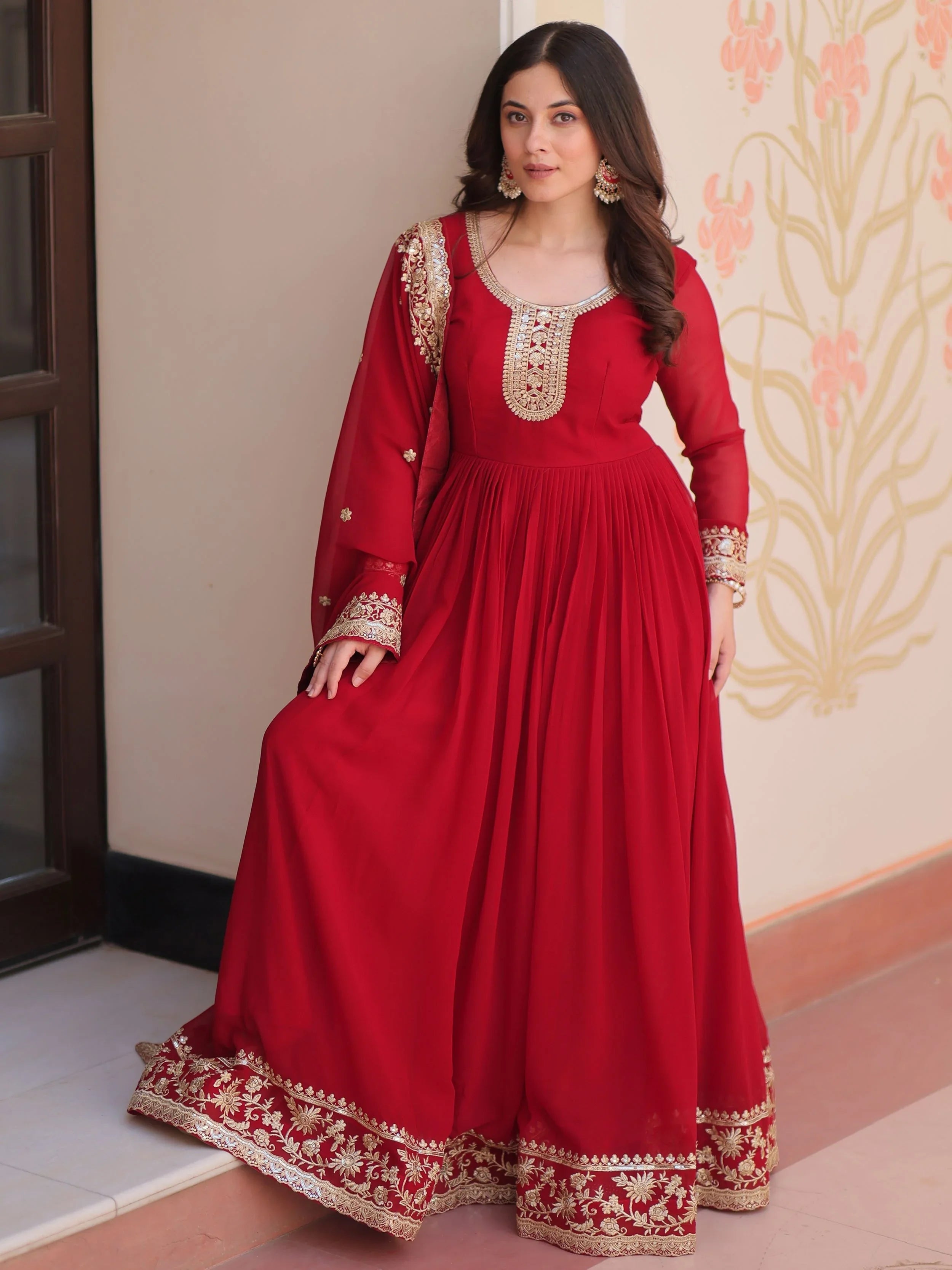 Maroon georgette designer gown with zari and sequins embroidery and dupatta