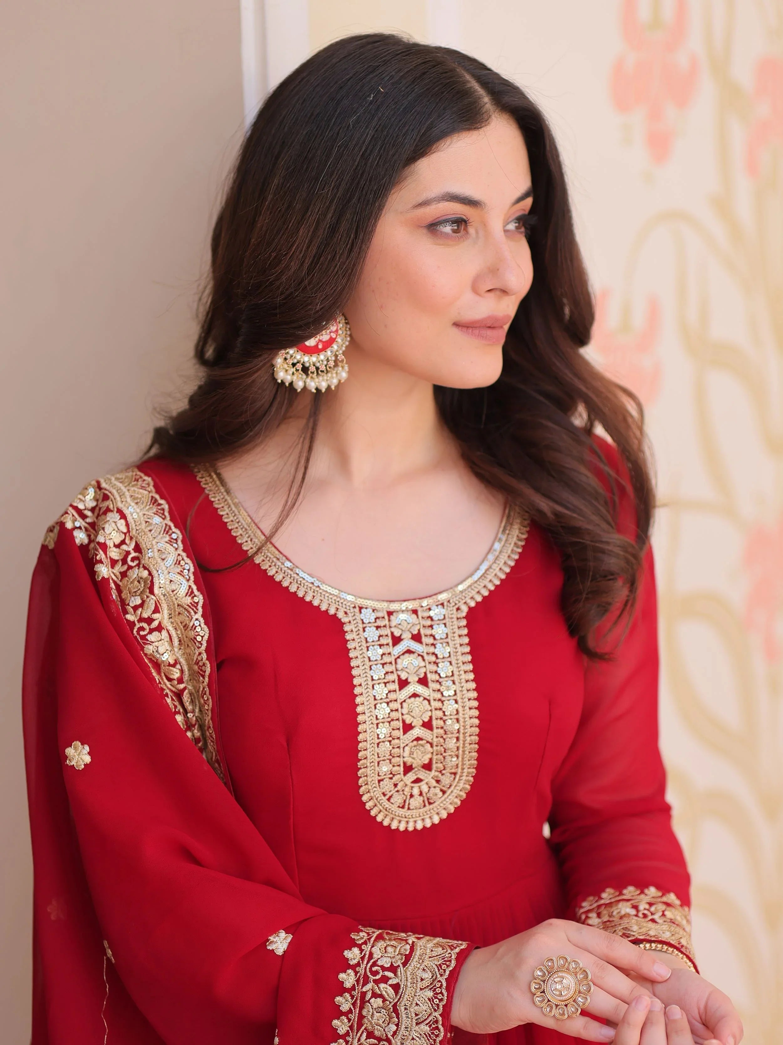 Maroon georgette designer gown with zari and sequins embroidery and dupatta