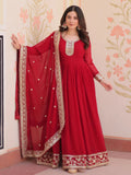 Maroon georgette designer gown with zari and sequins embroidery and dupatta