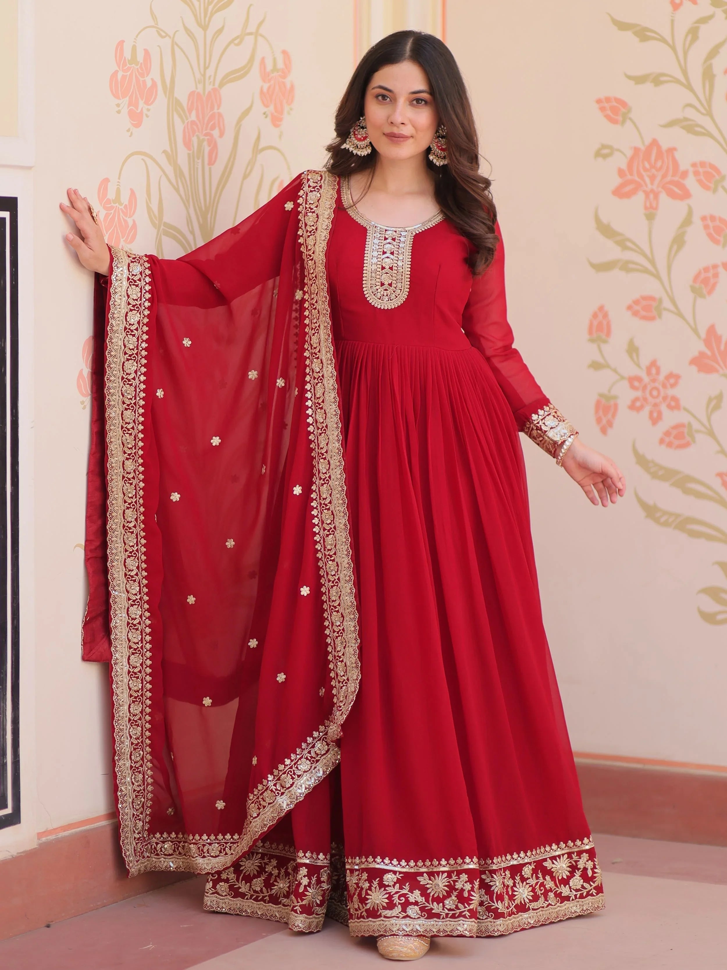 Maroon georgette designer gown with zari and sequins embroidery and dupatta