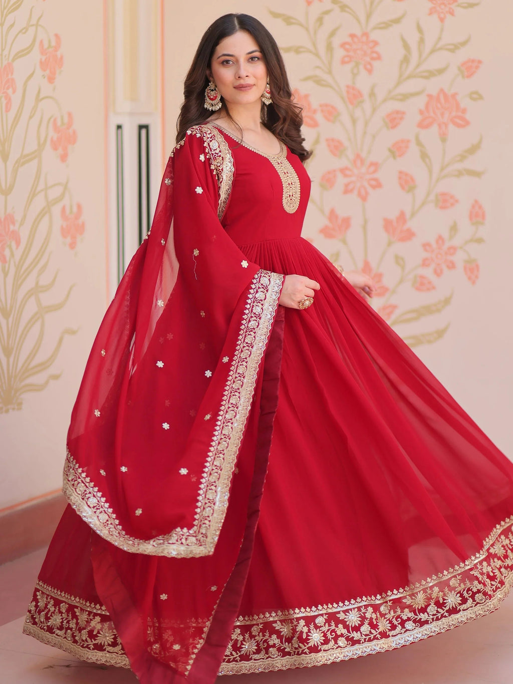 Maroon georgette designer gown with zari and sequins embroidery and dupatta