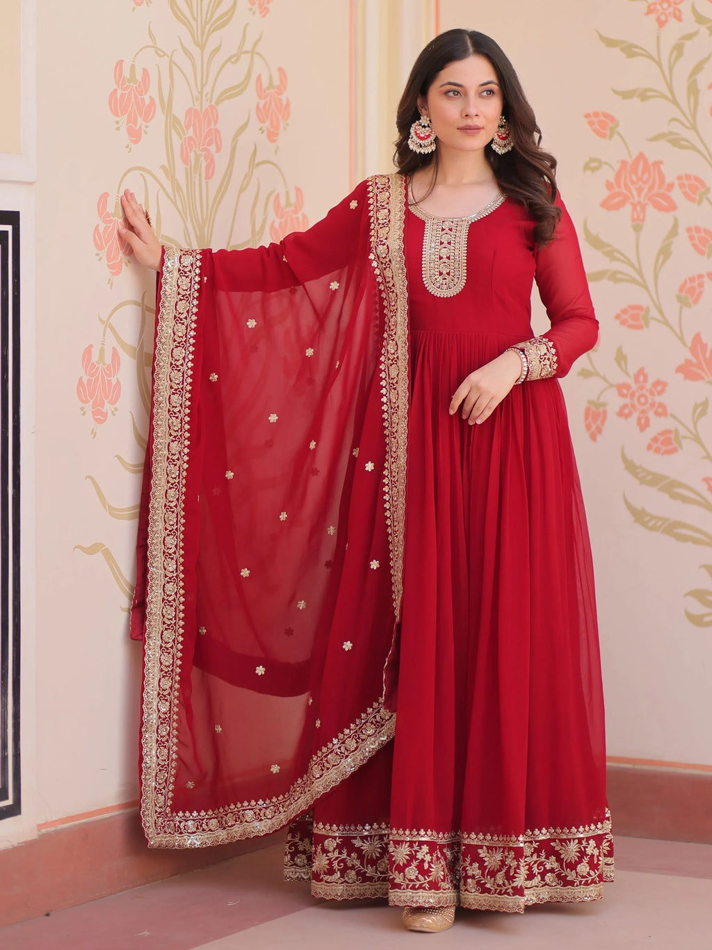 Maroon georgette designer gown with zari and sequins embroidery and dupatta